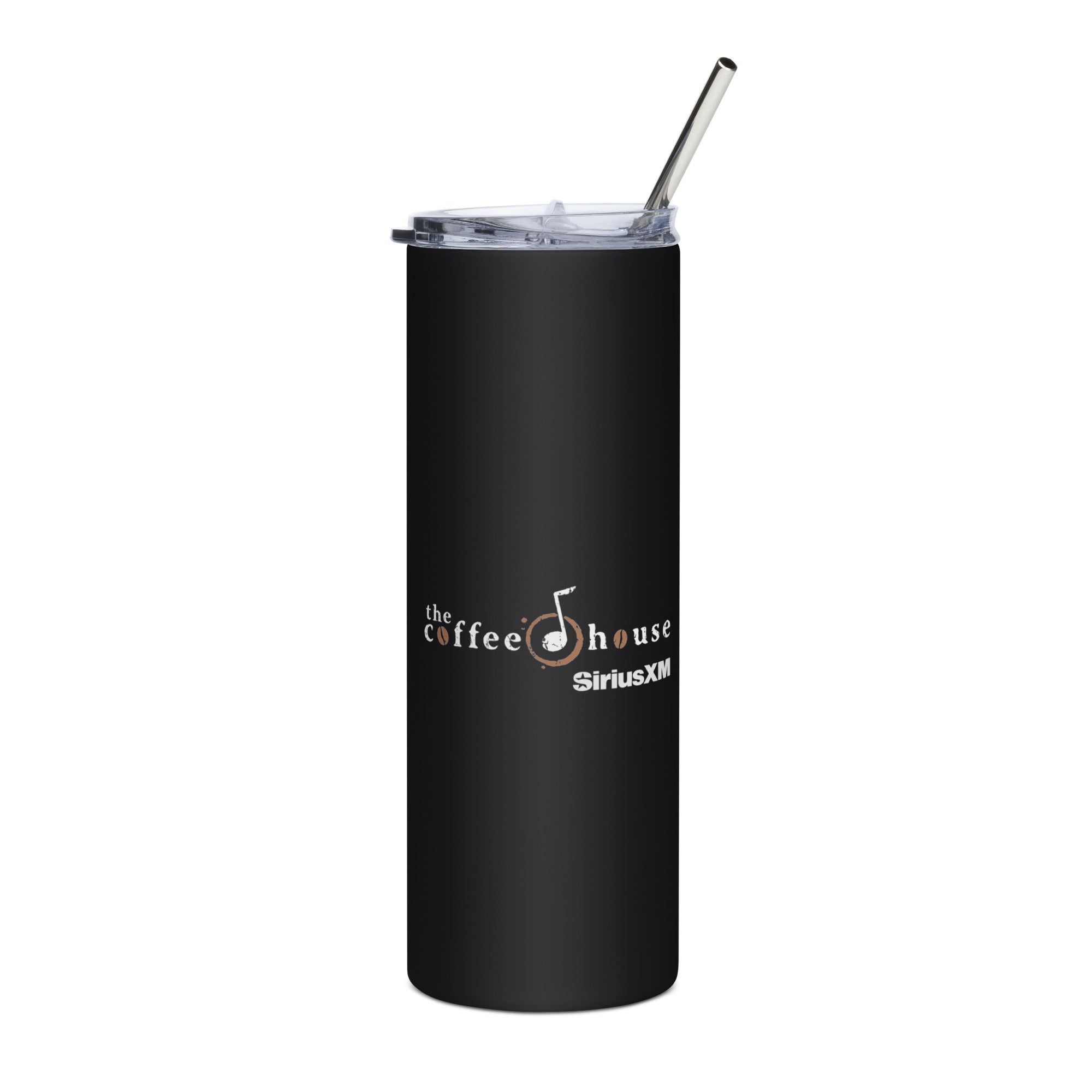 Black tumbler with a clear lid and straw featuring 'the coffee house' logo featuring a musical note and coffee bean 'SiriusXM' text in white.