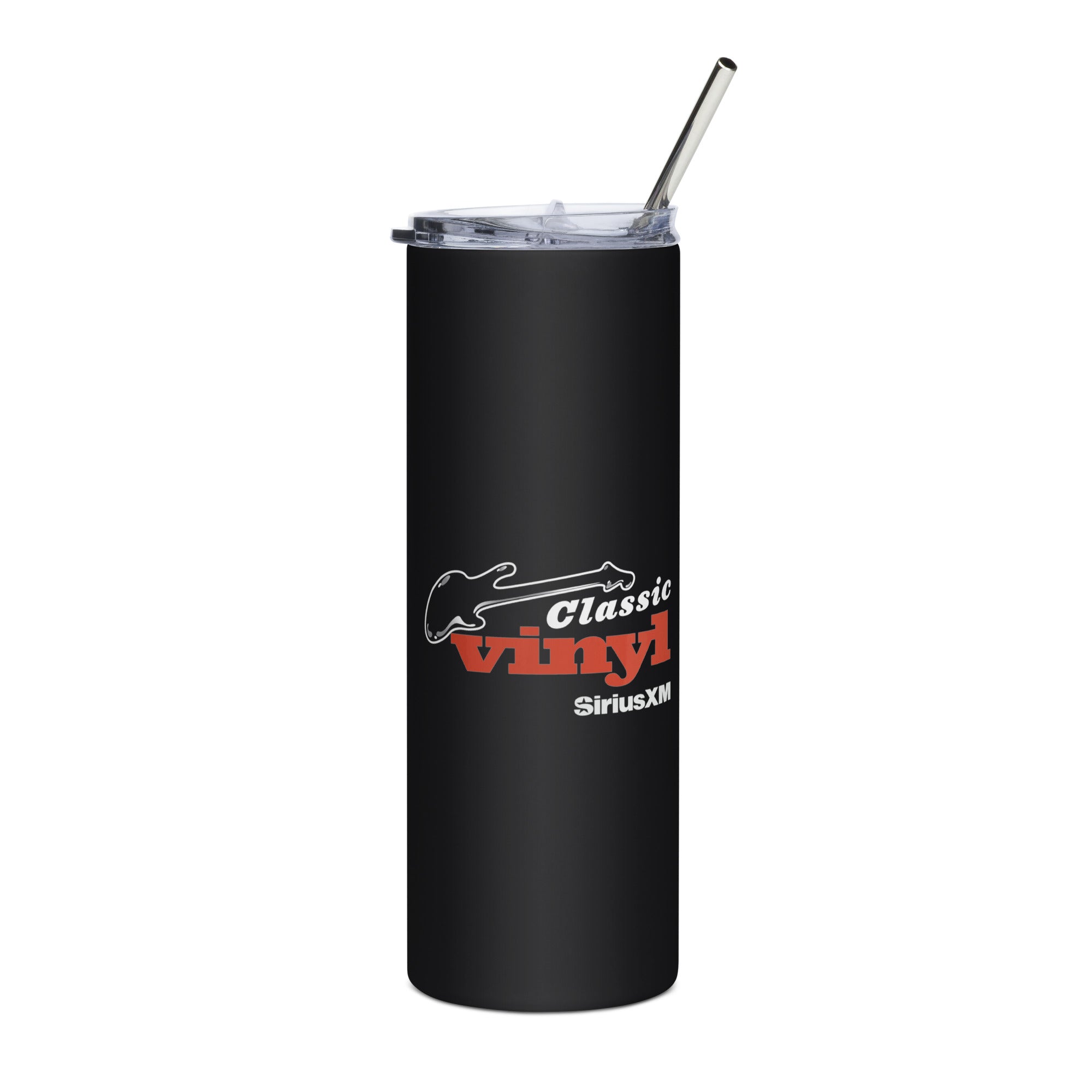 Black stainless steel tumbler with 'Classic Vinyl' in white and red and 'SiriusXM' logo in white, featuring a clear lid and metal straw.