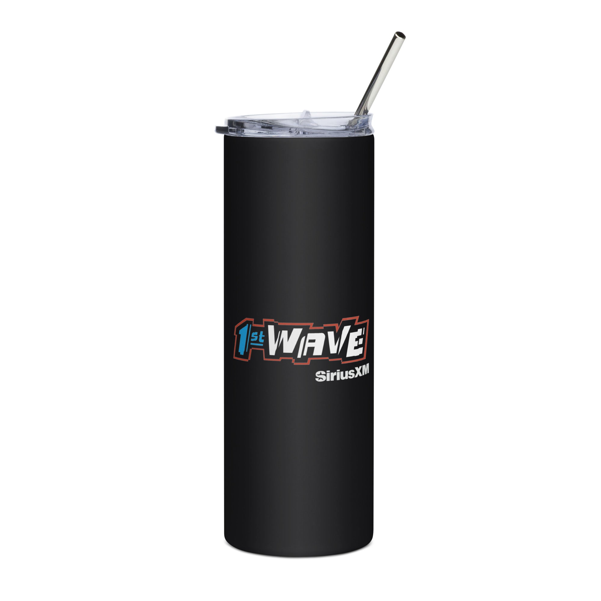 Black tumbler with '1st WAVE' in bold, white and blue letters and red outline.and 'SiriusXM' logo, featuring a clear lid and reusable straw.