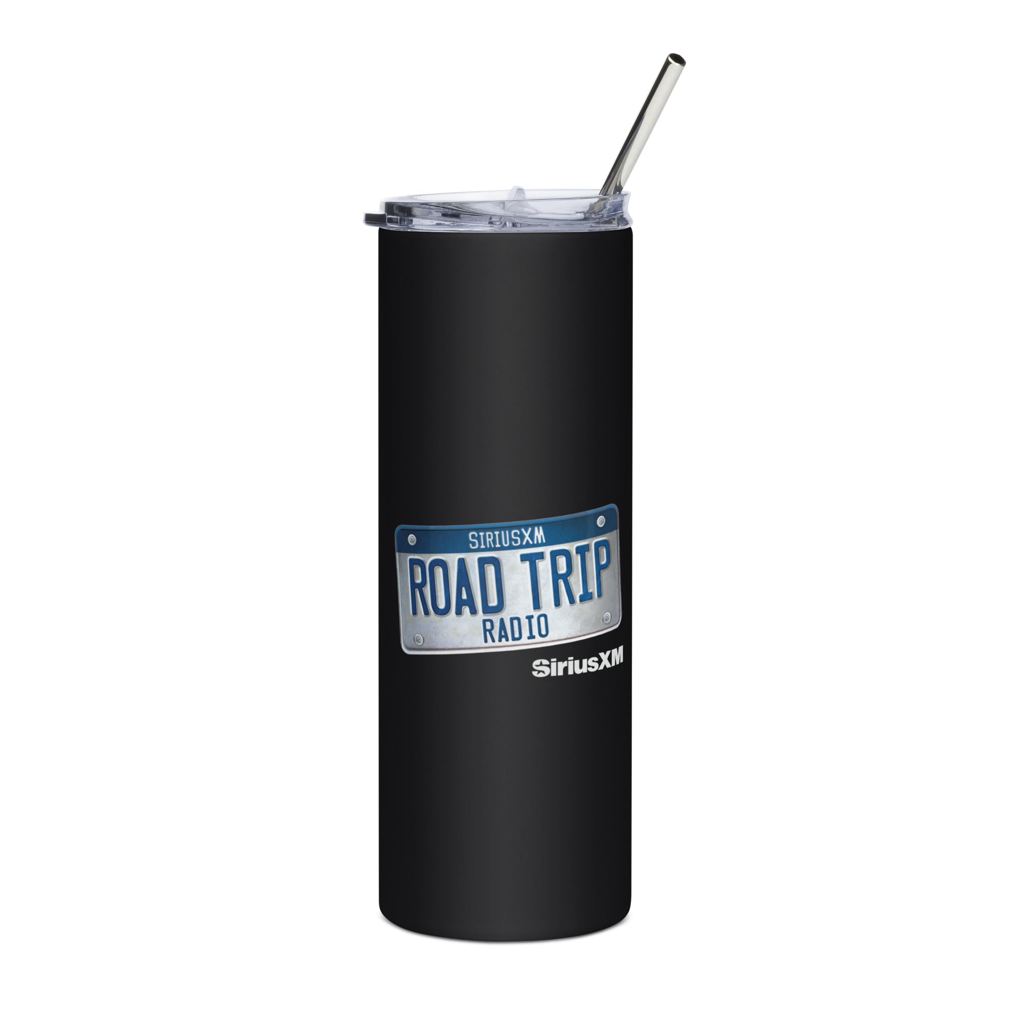 SiriusXM Road Trip Radio' tumbler with straw and license plate design in blue and white on black background.
