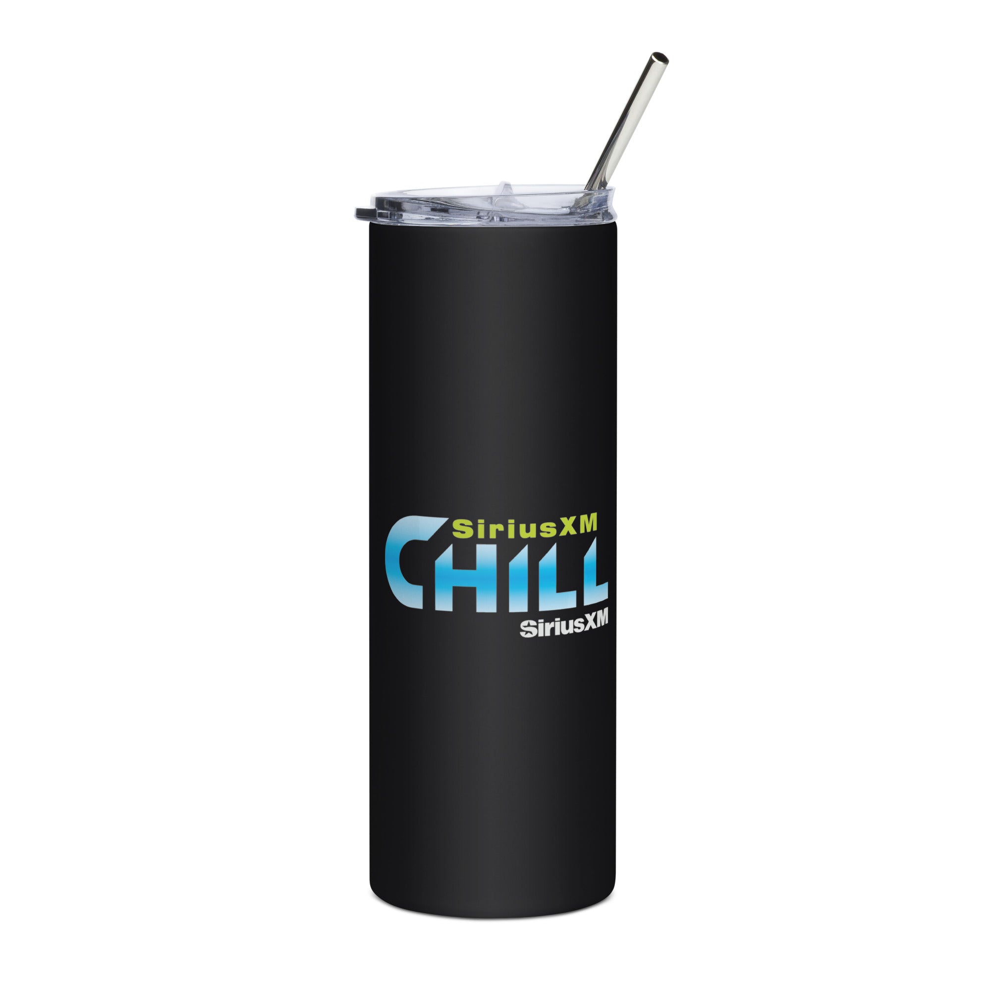 Black tumbler with a clear lid and straw, featuring 'SiriusXM CHILL' logo in blue and yellow colors.
