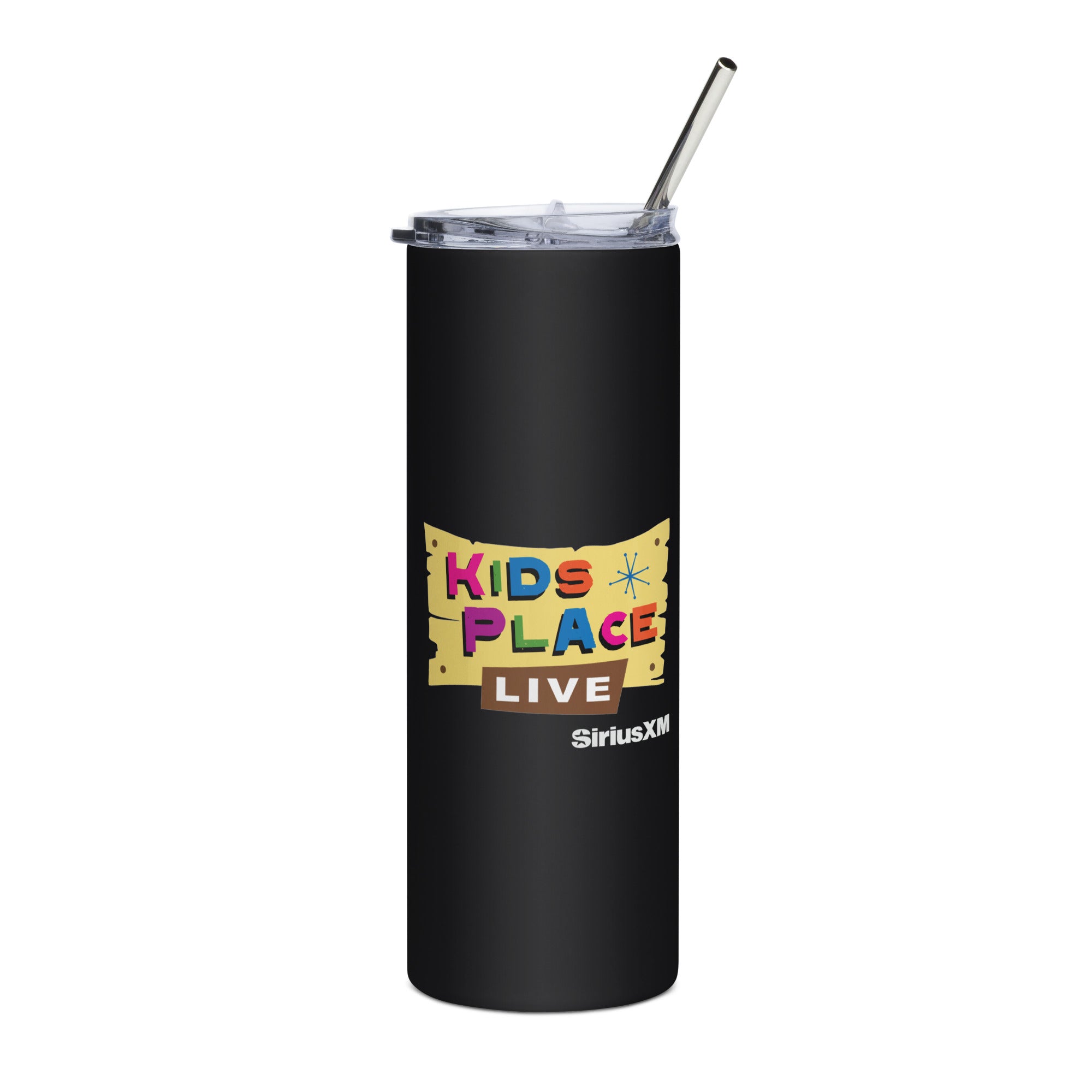 Black tumbler with 'KIDS PLACE LIVE' logo with colorful stars and a wooden sign illustration and SiriusXM branding, featuring a clear lid and straw.