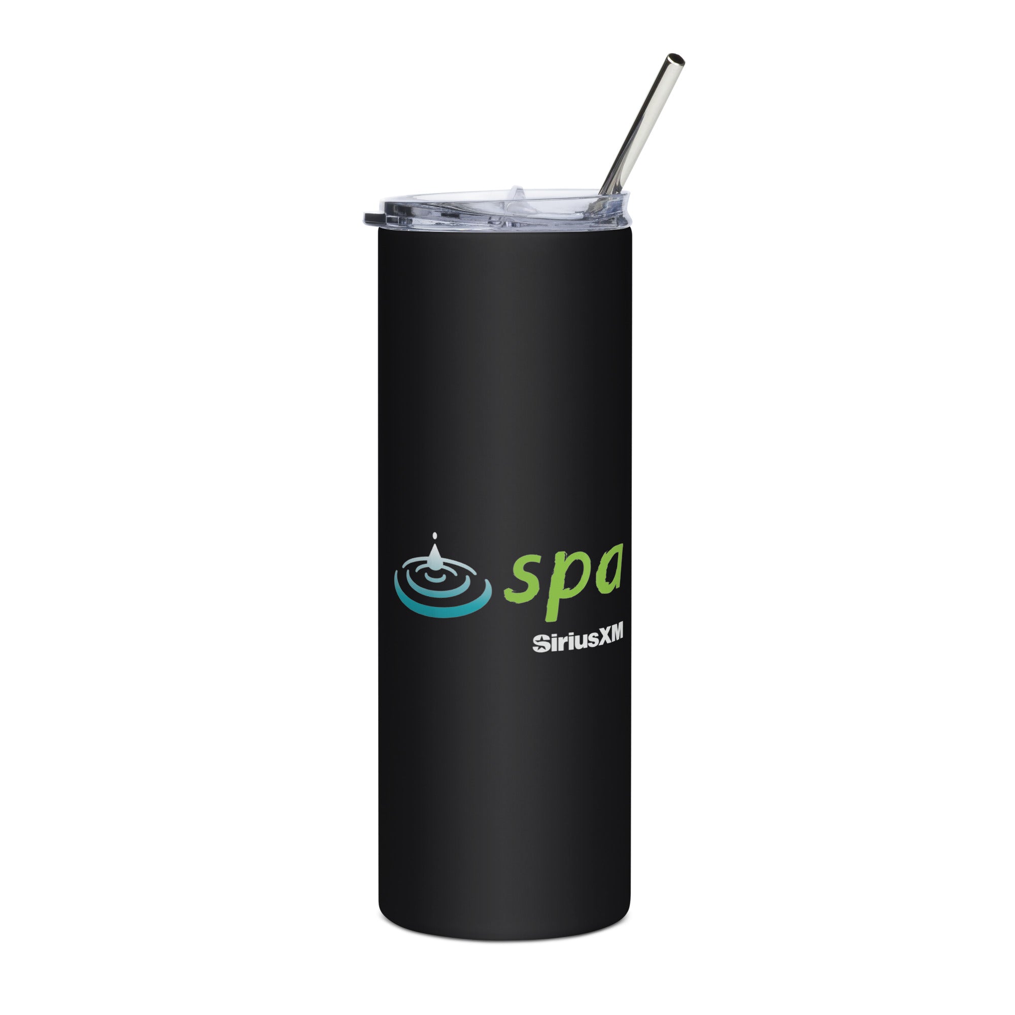 Black tumbler with a clear lid and stainless steel straw, featuring 'spa' logo in green and blue and 'SiriusXM' logo in white.