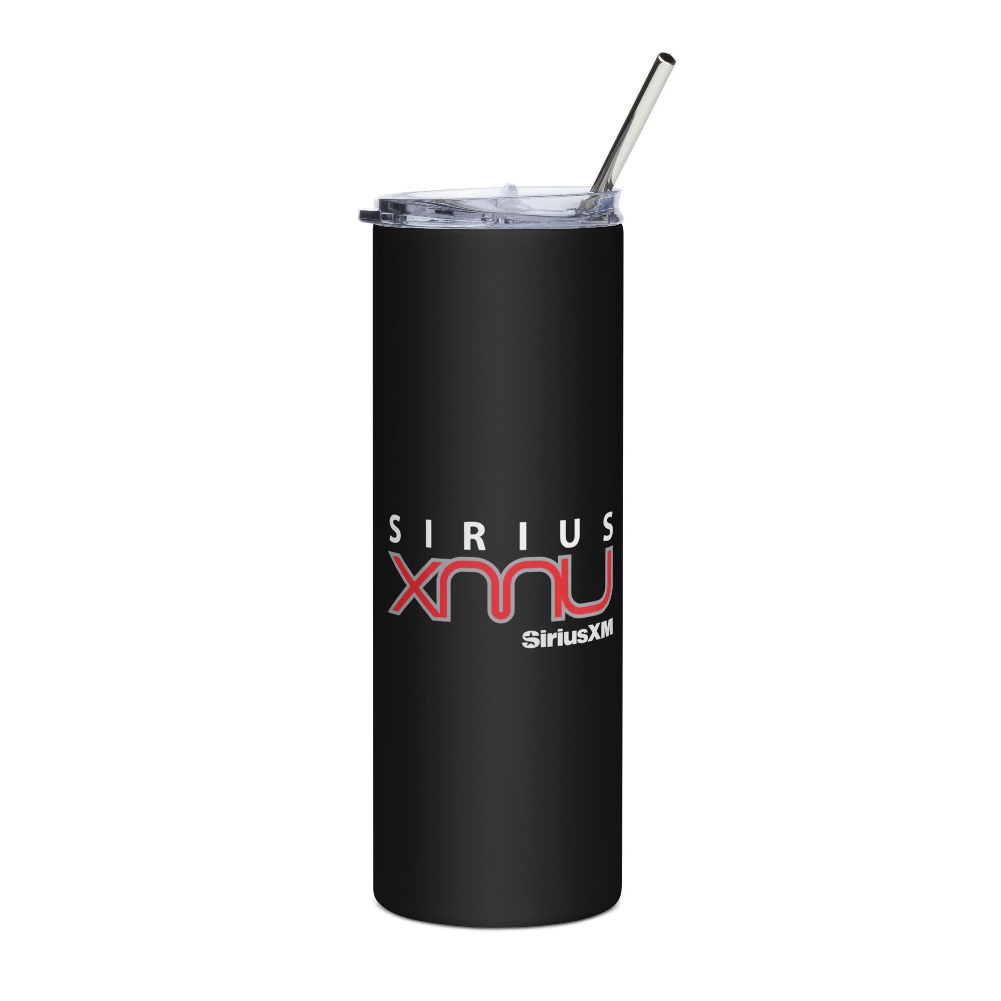 Black tumbler with a clear lid and straw, featuring a red and white 'Sirius XMU' logo.
