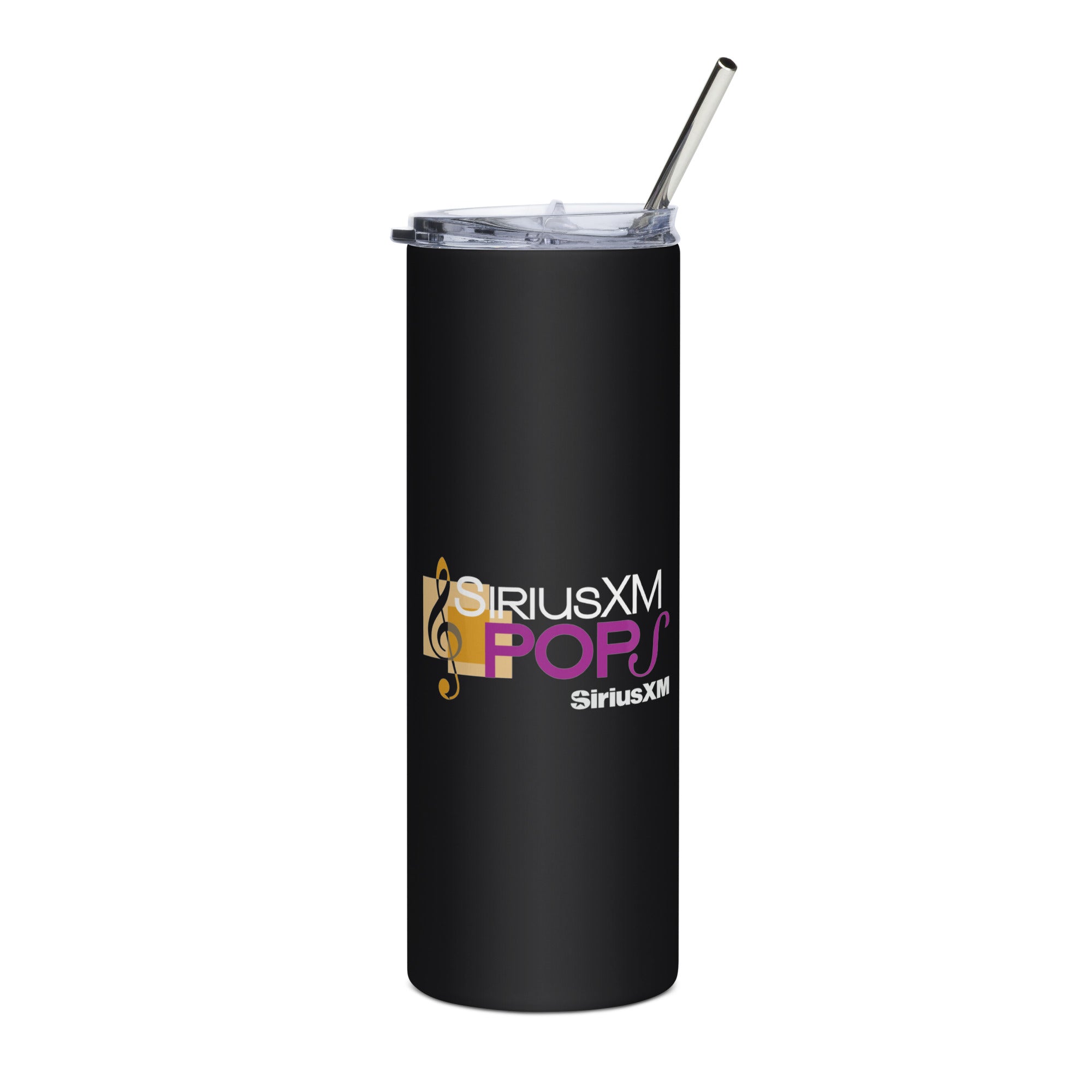 Black stainless steel tumbler with a clear lid and reusable straw, featuring 'SiriusXM Pops' logo in white, gold and purple.