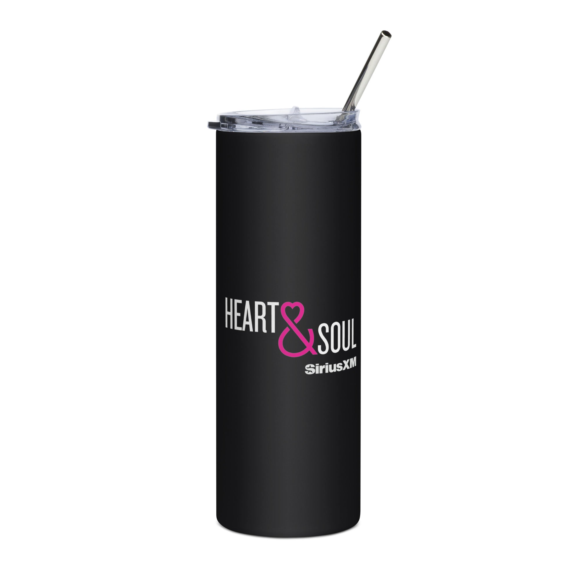 Black tumbler with 'HEART & SOUL' in white and pink and 'SiriusXM' logo in white, featuring a clear lid and straw.