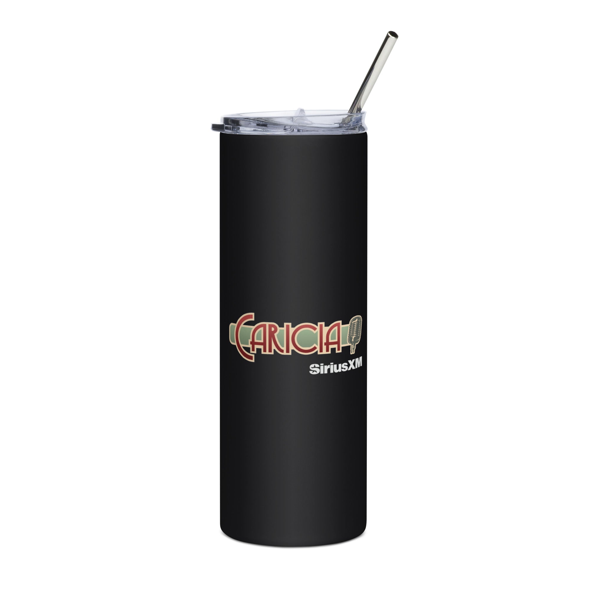 Black tumbler with a clear lid and straw, featuring 'Caricia' in ruby and green and 'SiriusXM' logos.