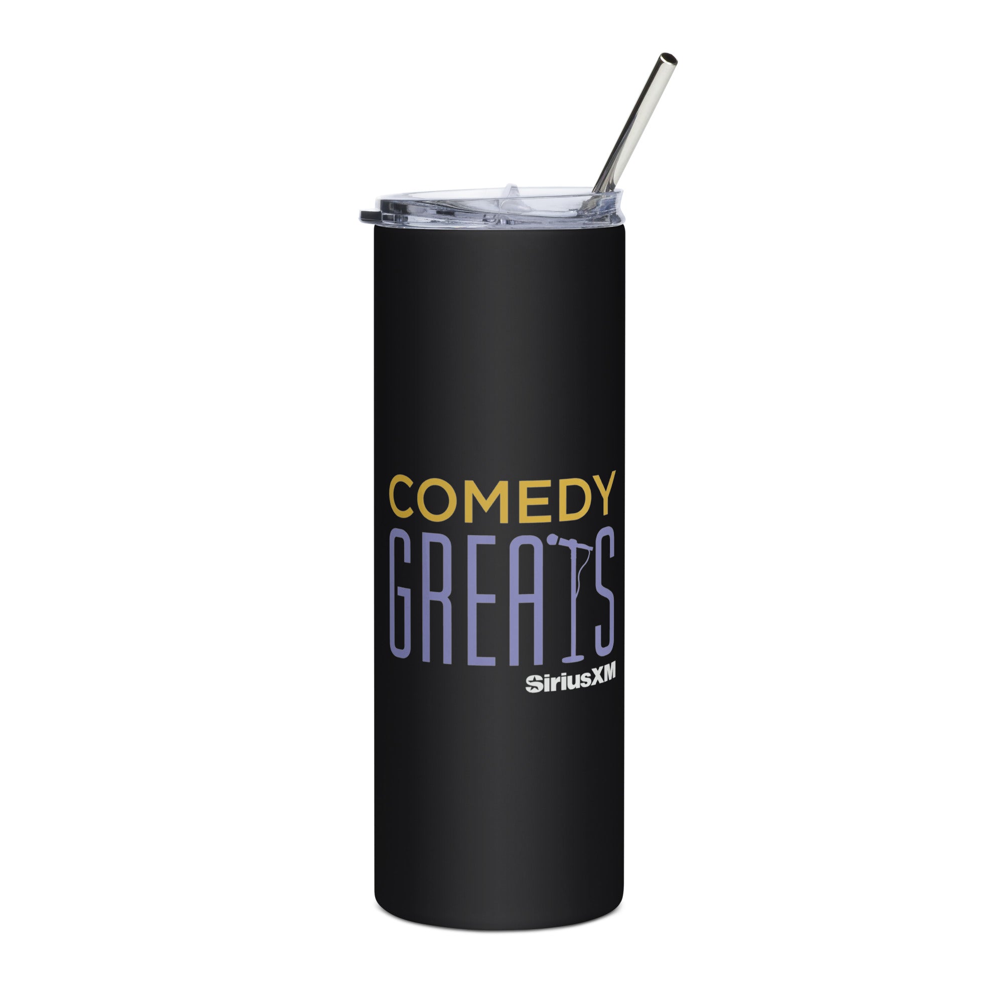Black tumbler with 'COMEDY GREATS' in yellow and purpke and SiriusXM logo, featuring a clear lid and metal straw.