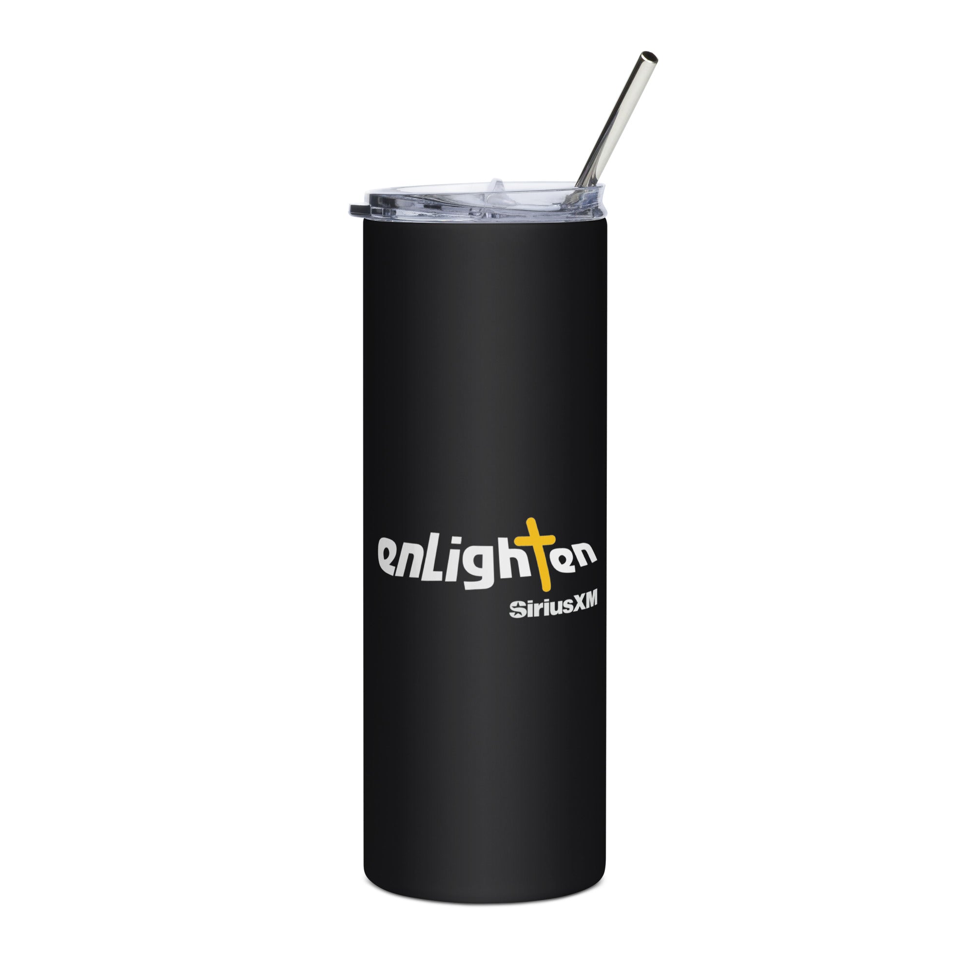 Black tumbler with a clear lid and straw, featuring the 'enLighten' logo and 'SiriusXM' text.
