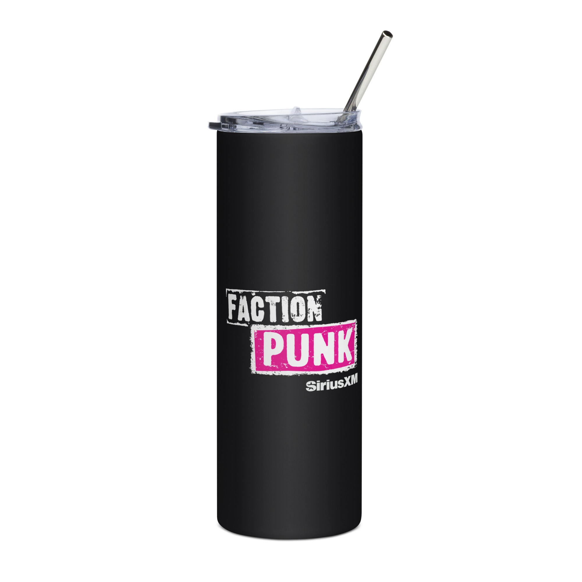 Black tumbler with 'FACTION PUNK' and 'SiriusXM' logos, featuring a straw and a clear lid.