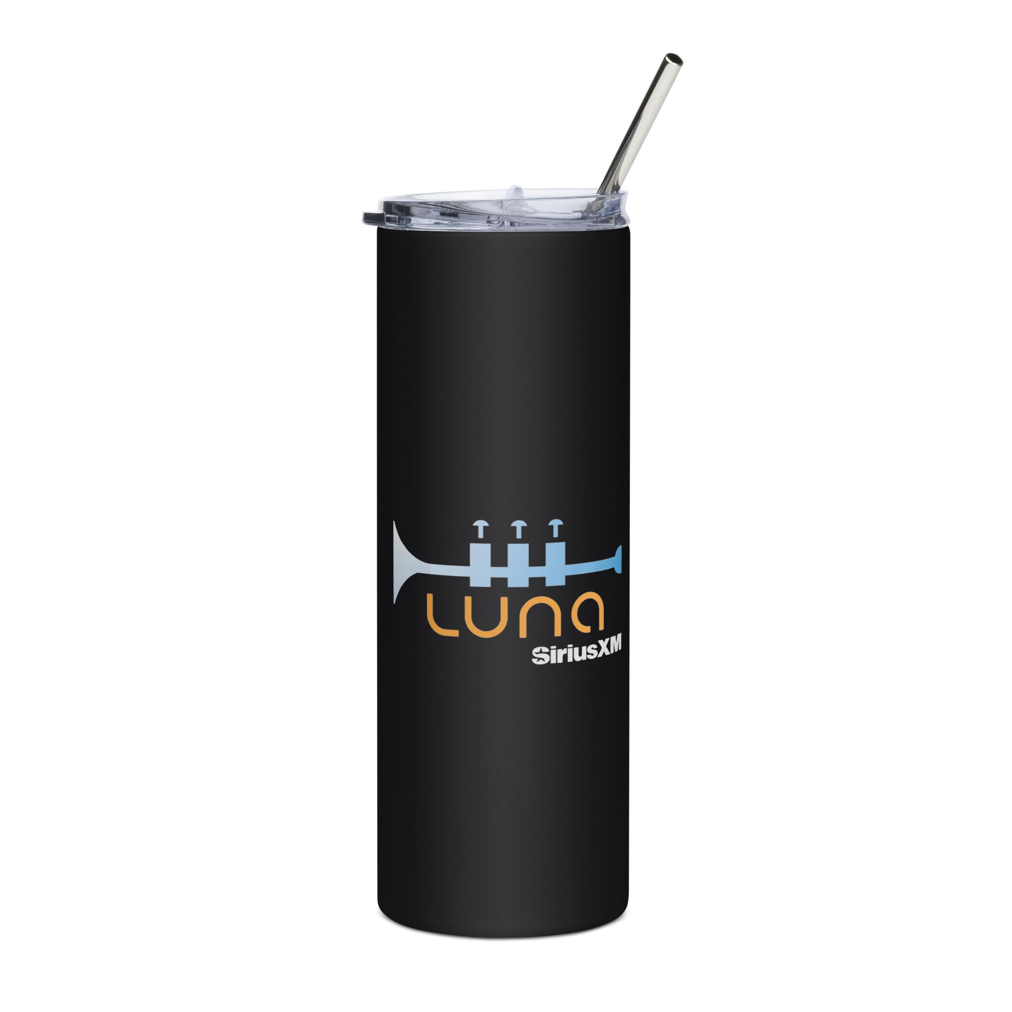 Black tumbler with transparent lid and straw, featuring 'LUNA' logo and trumpet design in blue and orange, branded with 'SiriusXM.'