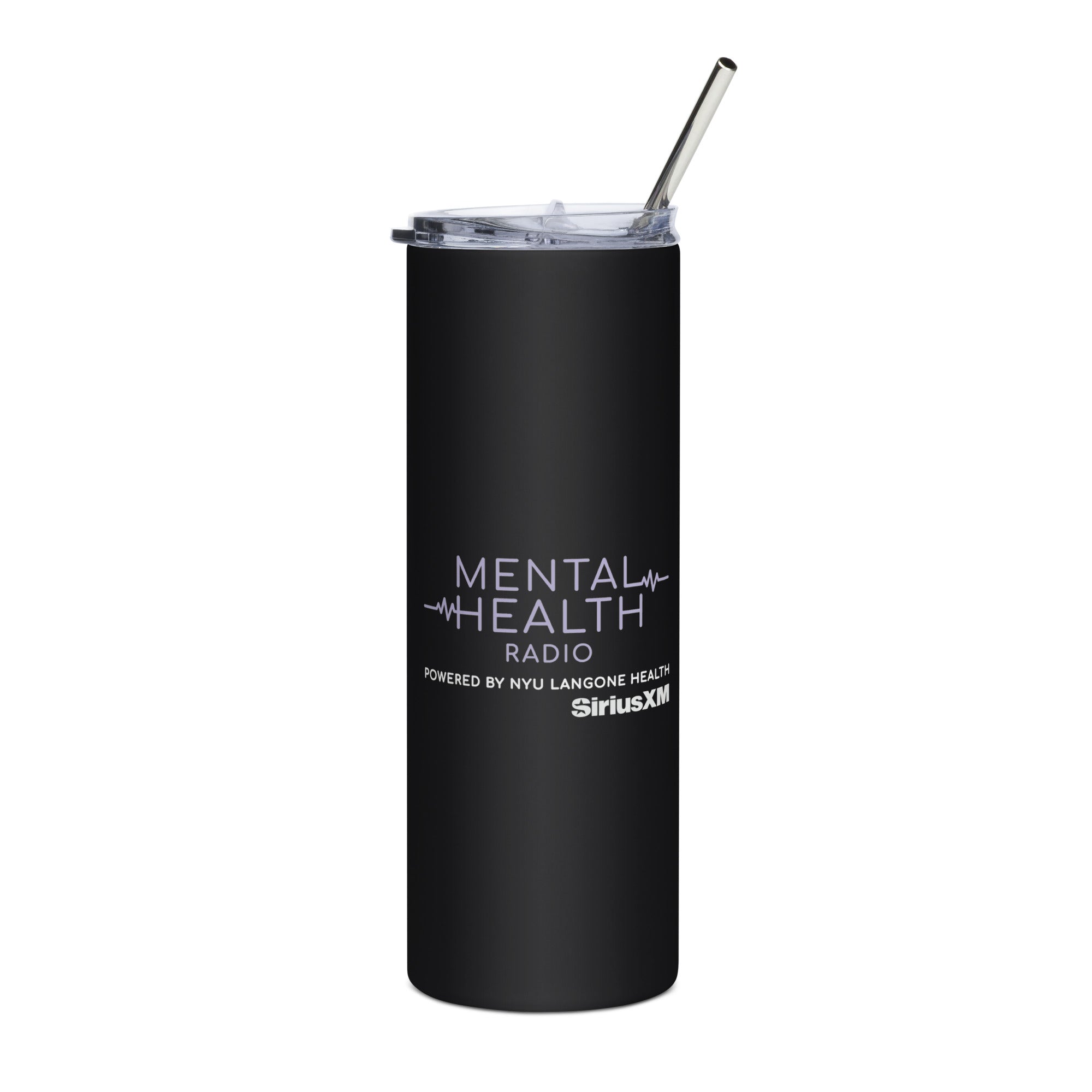 Black tumbler with 'Mental Health Radio' and 'Powered by NYU Langone Health' branding, featuring a clear lid and straw.