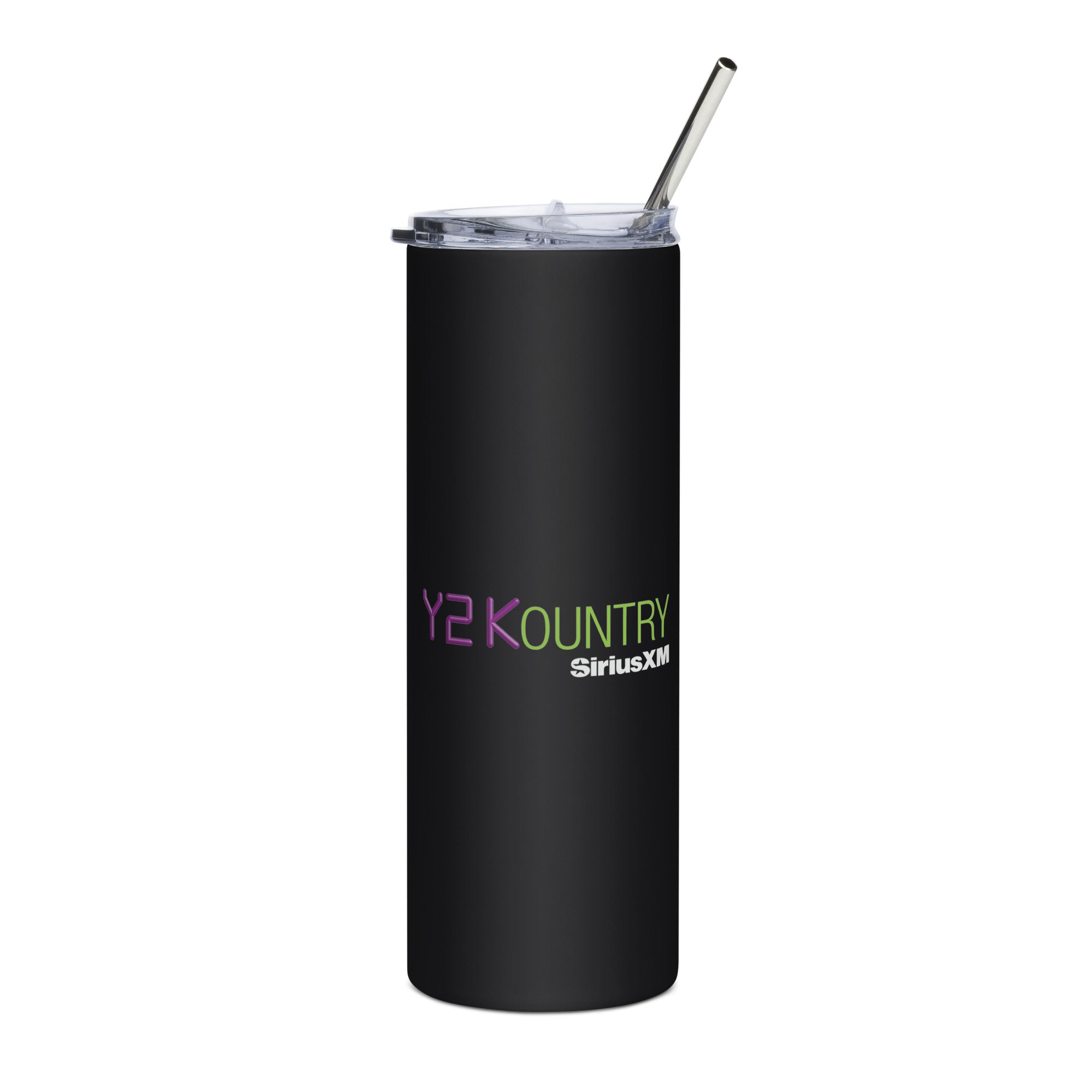 Black stainless steel tumbler with a clear lid and straw, featuring 'Y2Kountry SiriusXM' logo in vivid purple and green text.
