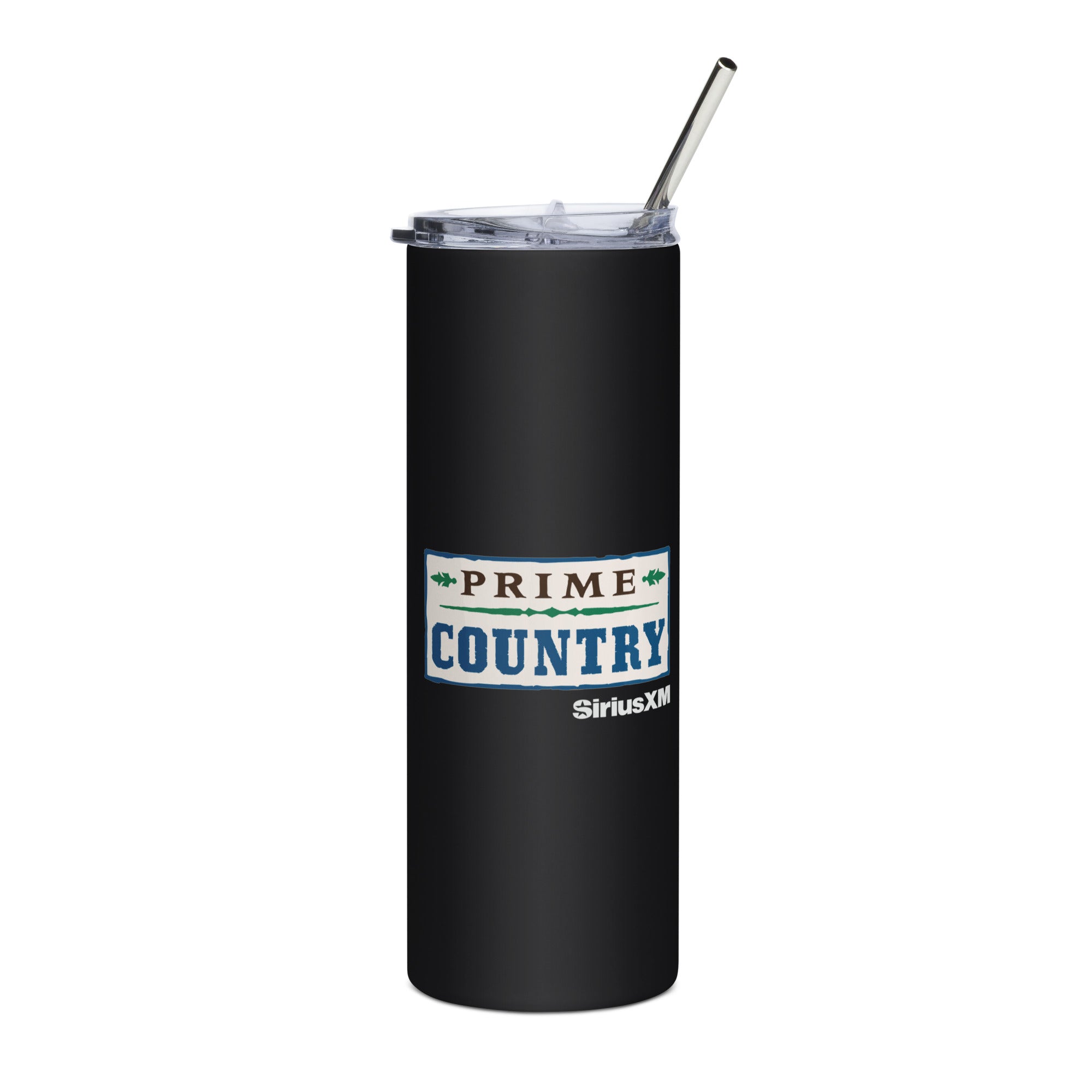 Black insulated tumbler with 'PRIME COUNTRY' logo in white, blue,  green and brown and 'SiriusXM' branding, featuring a clear lid and straw.