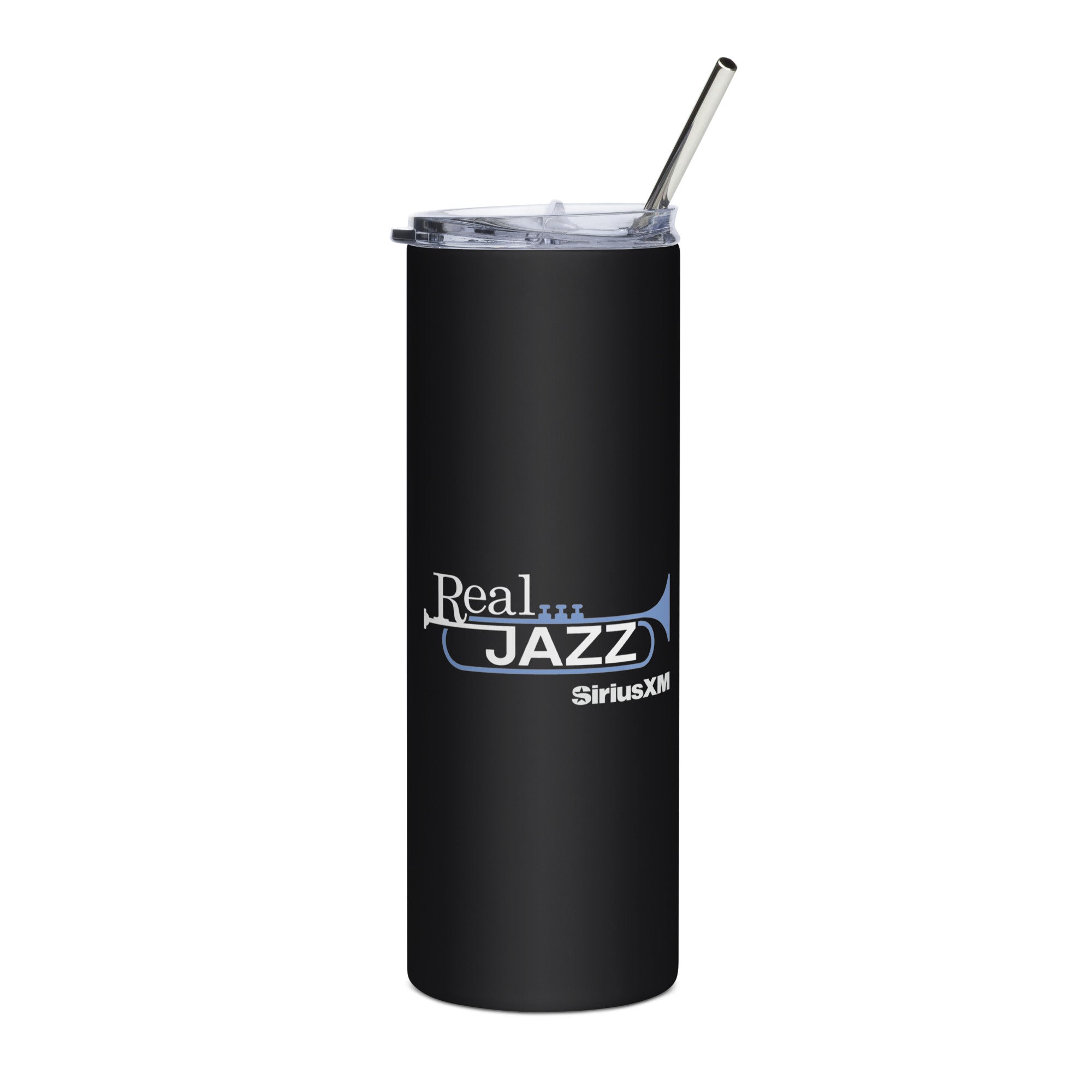 Black tumbler with 'Real Jazz' text in white and light blue and 'SiriusXM' logo in white, featuring a metal straw and clear lid.