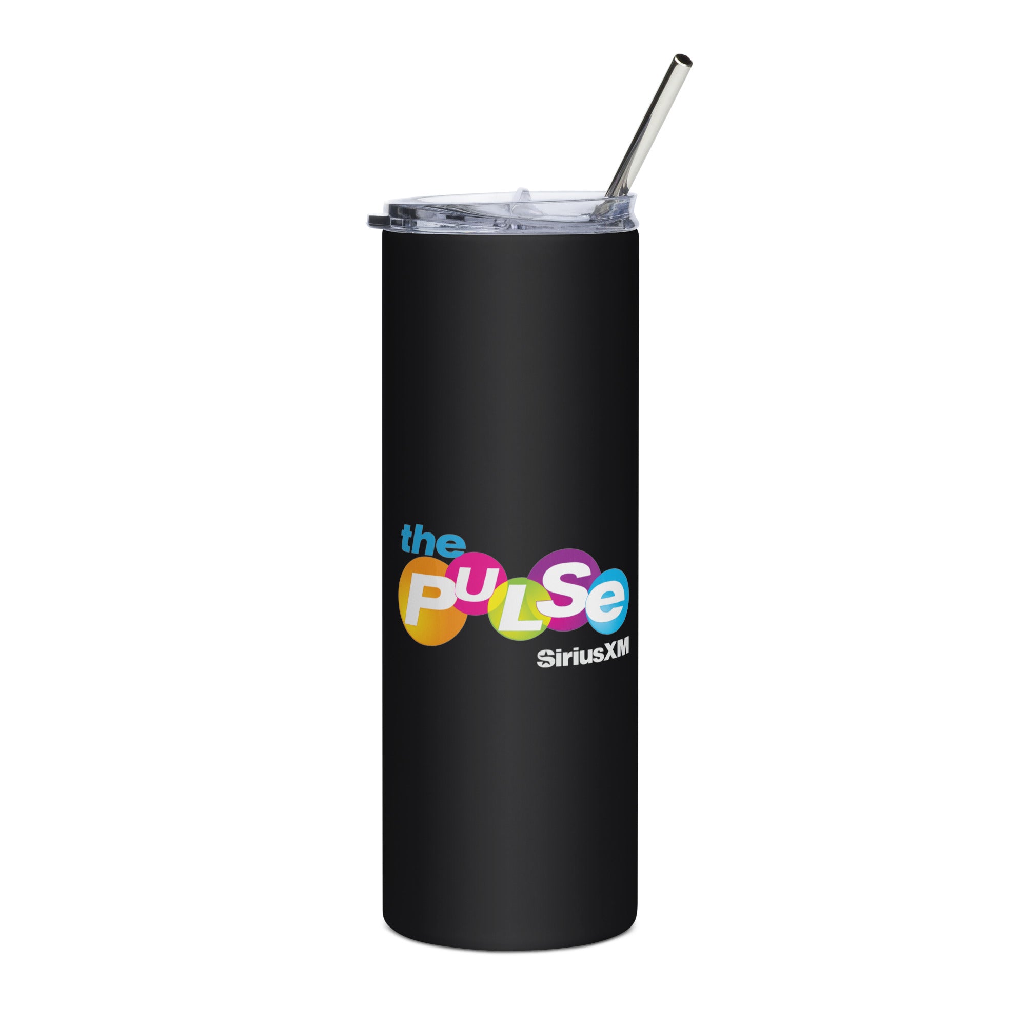 Black tumbler with a clear lid and stainless steel straw, featuring 'the PULSE' and 'SiriusXM' logos in colorful text.