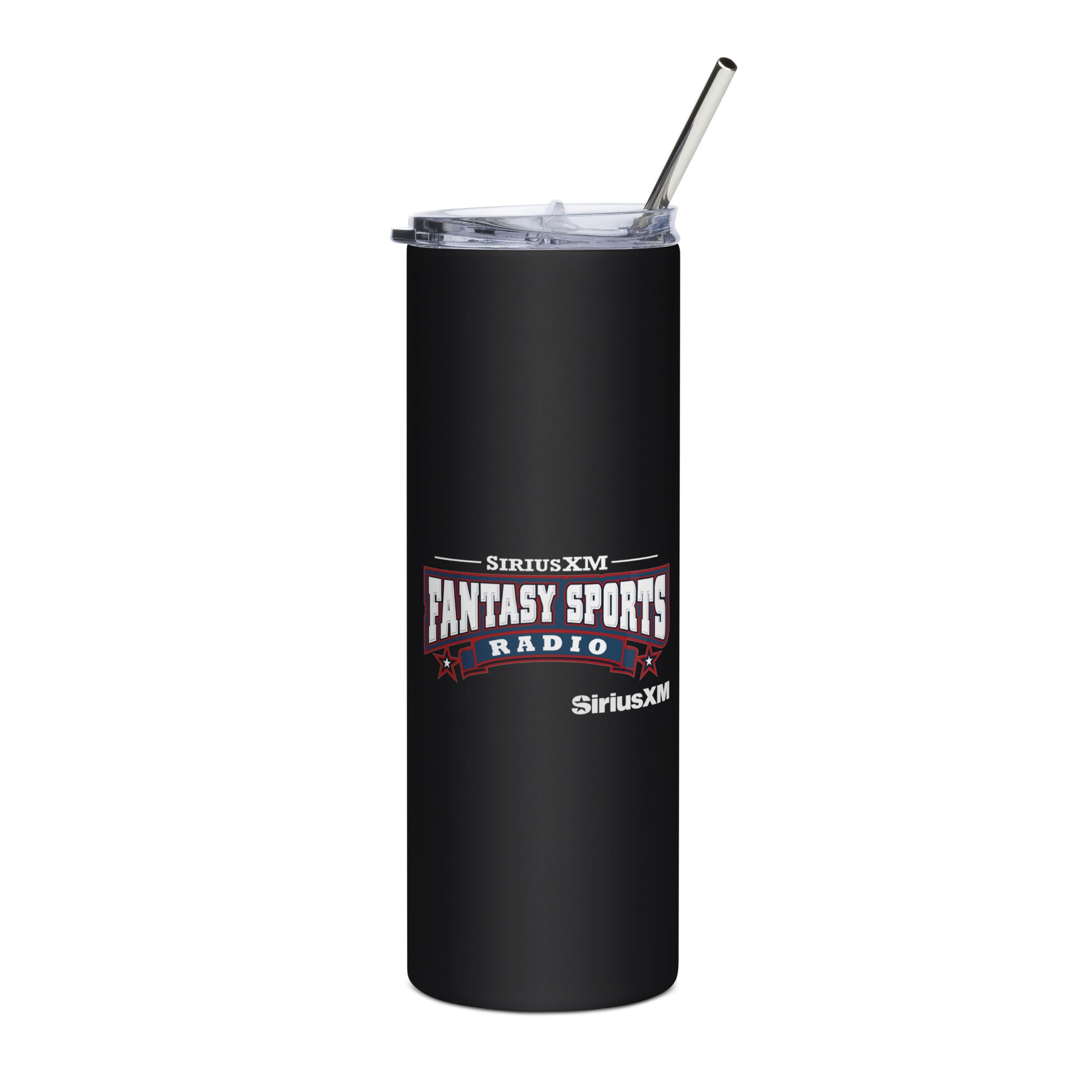 Black tumbler featuring 'SiriusXM Fantasy Sports Radio' logo and 'SiriusXM' branding and comes with a metal straw.