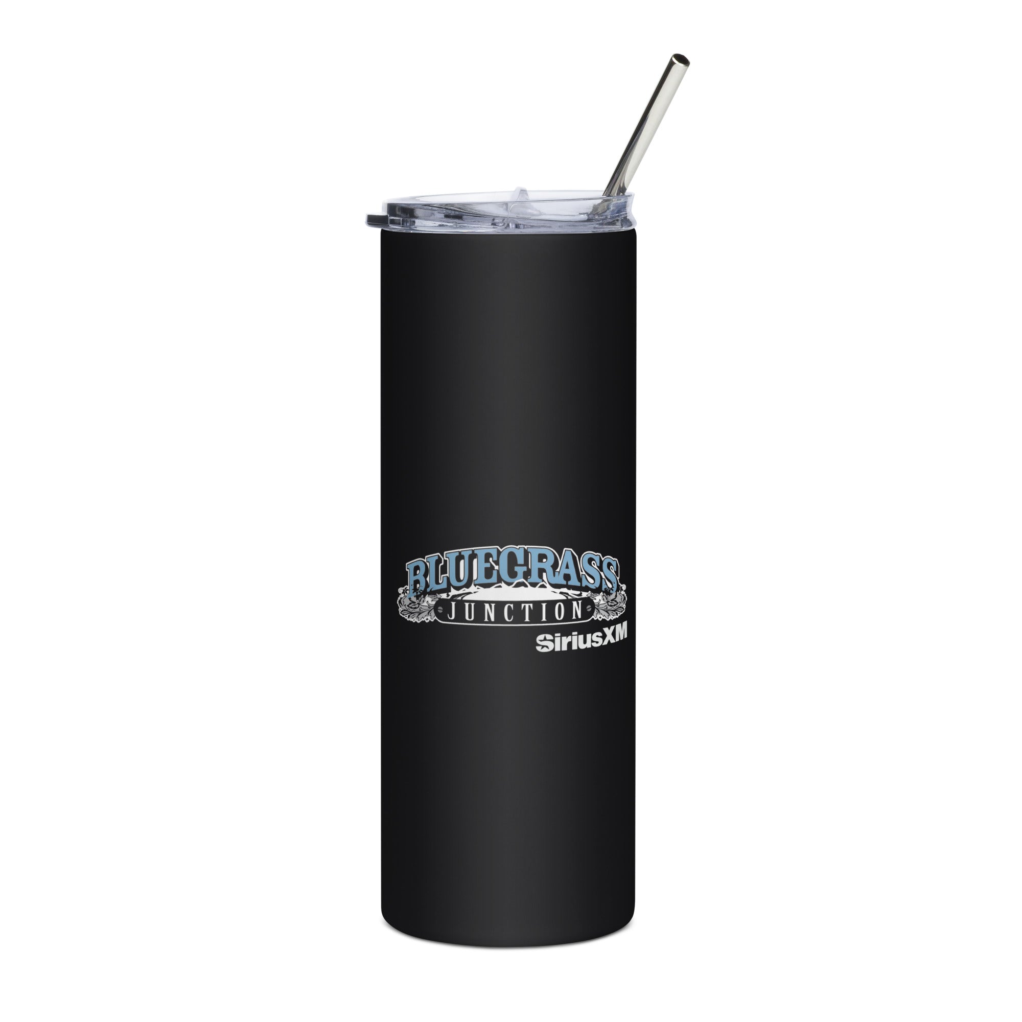 Black tumbler with straw featuring 'Bluegrass Junction' and 'SiriusXM' logos.