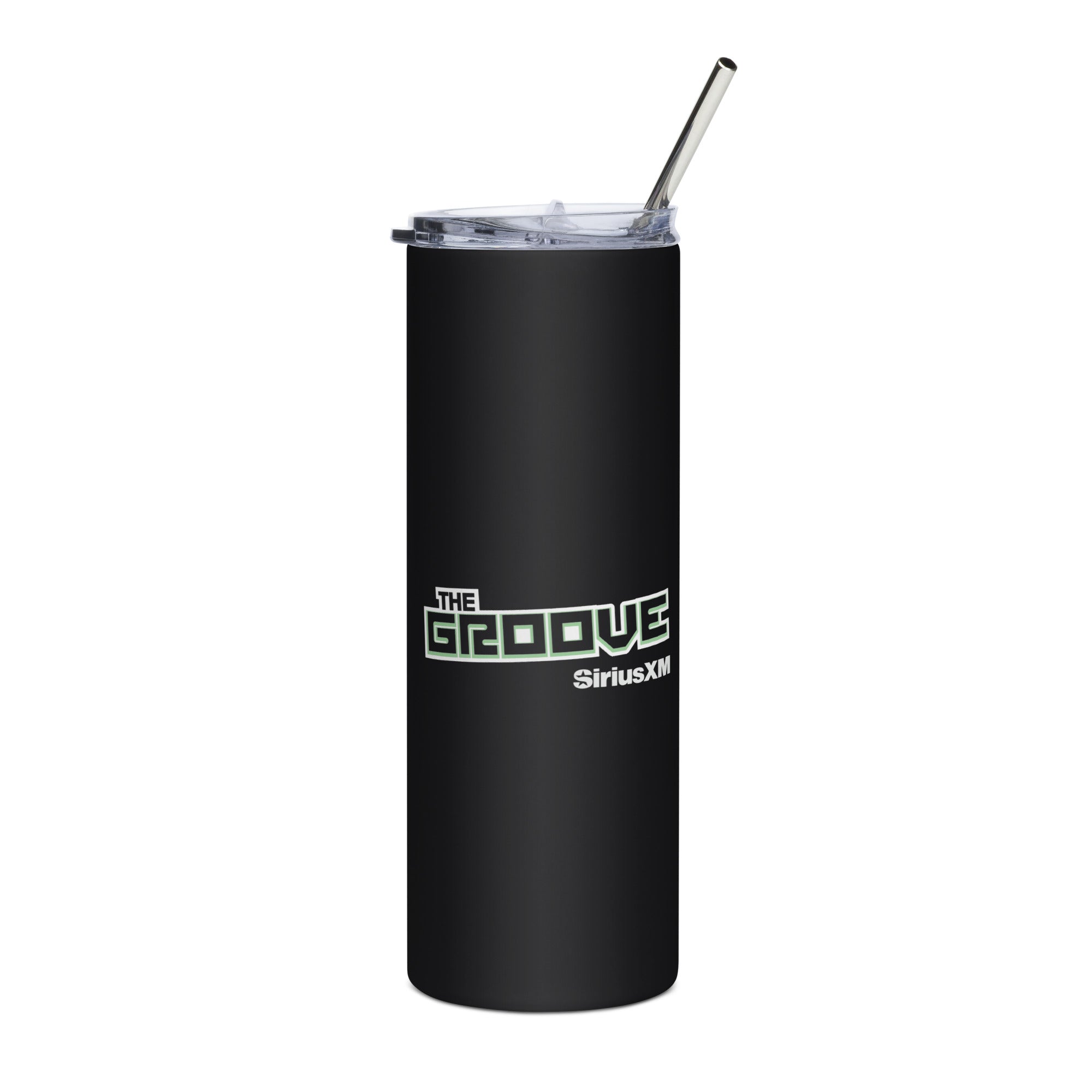 Tall black tumbler with 'THE GROOVE' and 'SiriusXM' logos, featuring a clear lid and metal straw.