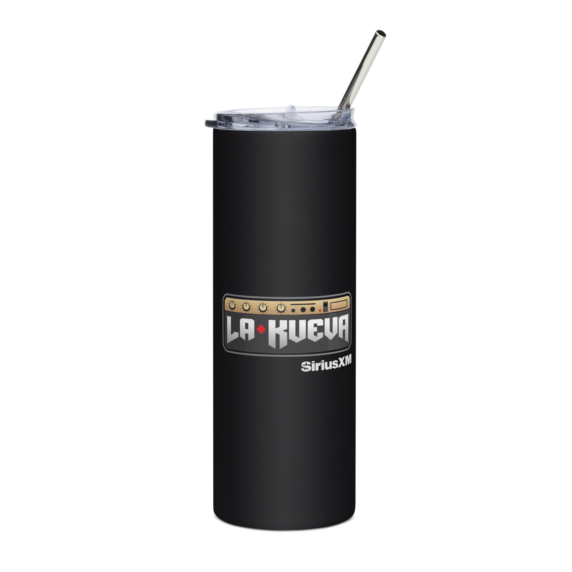 Black stainless steel tumbler with 'LA KUEVA' logo and 'SiriusXM' branding, featuring a clear lid and straw.