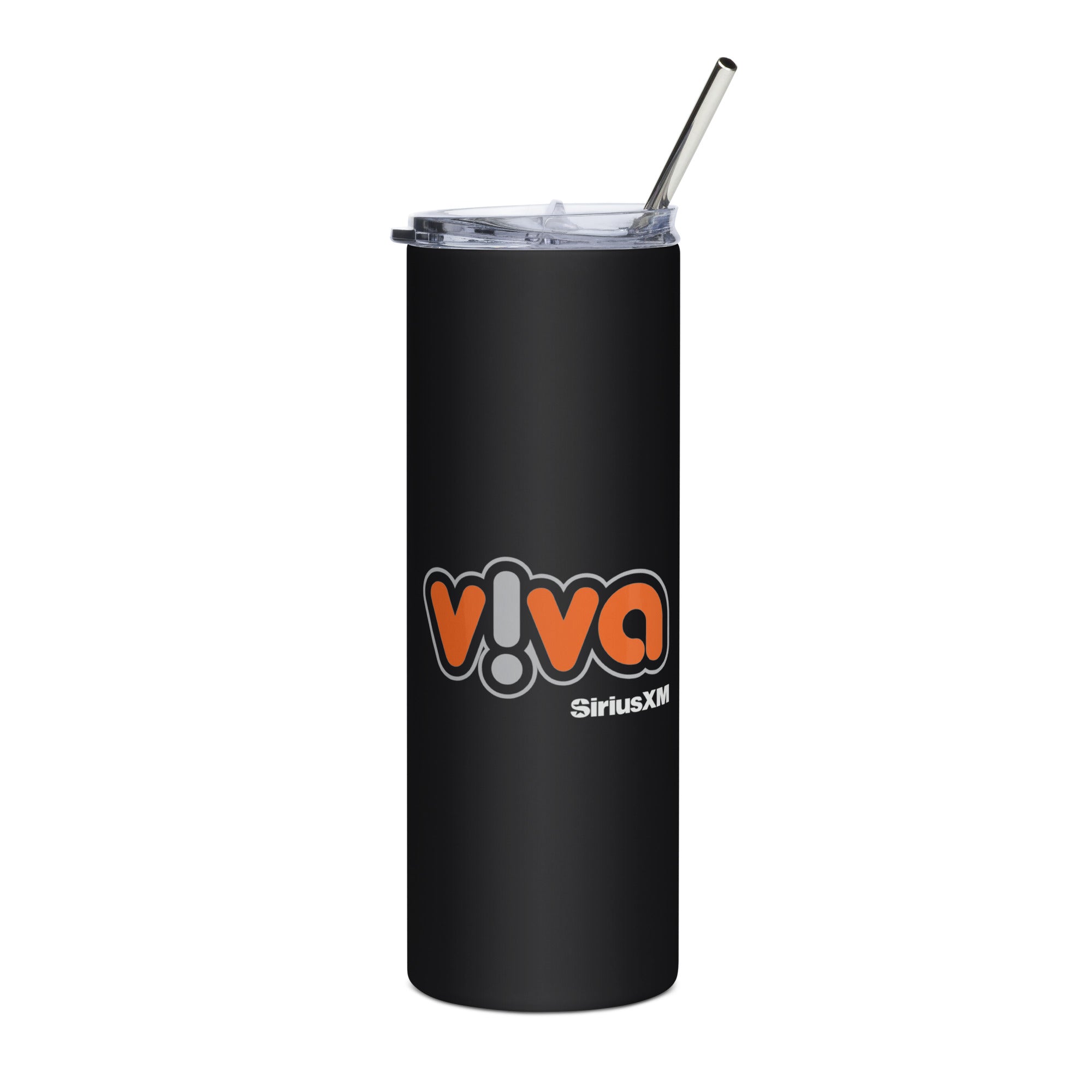 Black tumbler with a clear lid and silver straw, featuring the 'v!va SiriusXM' logo in orange and grey.