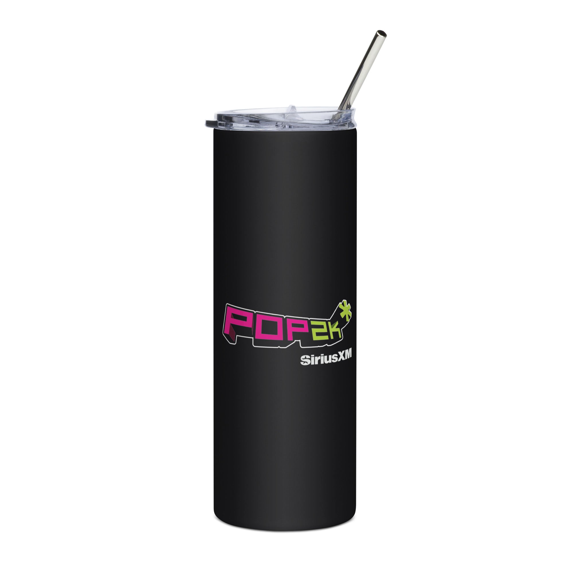 Black insulated tumbler with a clear lid and straw, featuring 'POP2k' and 'SiriusXM' logos in pink and green.