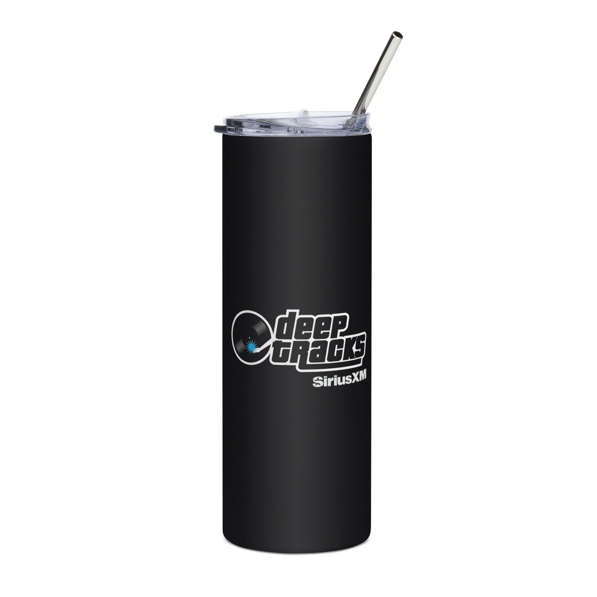 Black travel tumbler with 'deep tracks' and 'SiriusXM' logo, featuring a clear lid and metal straw.
