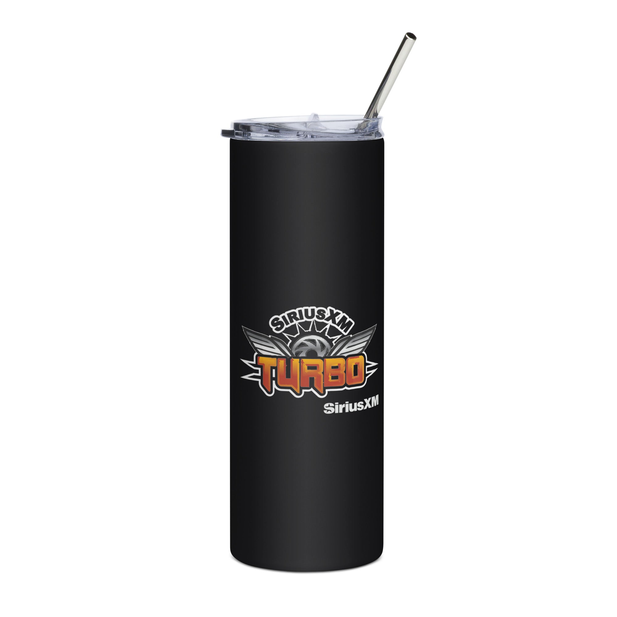 Black stainless steel tumbler with 'SiriusXM Turbo' logo and 'SiriusXM' branding and straw.