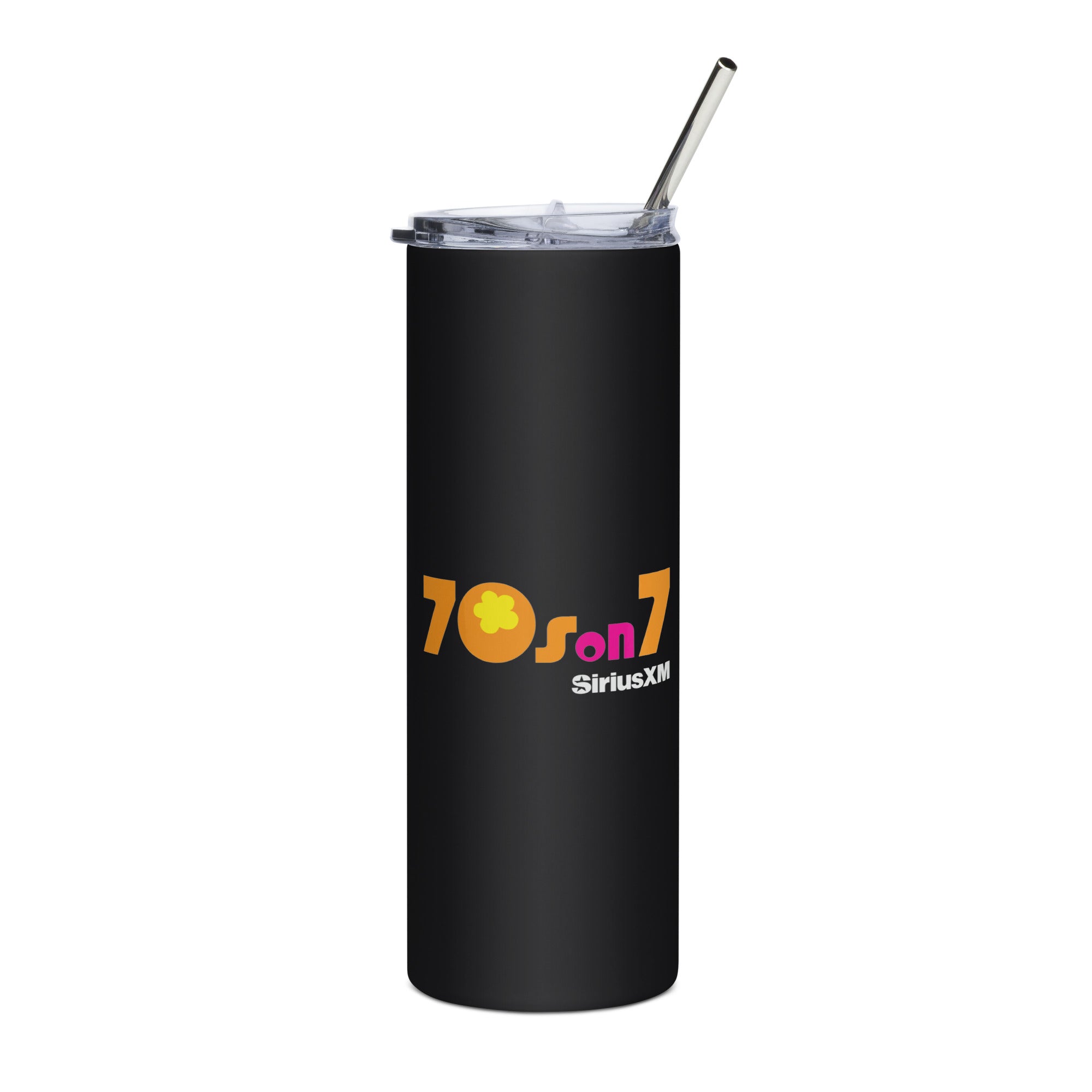 Black tumbler with a clear lid and straw featuring the logo '70s on 7' and 'SiriusXM' in bright pink, yellow and orange.