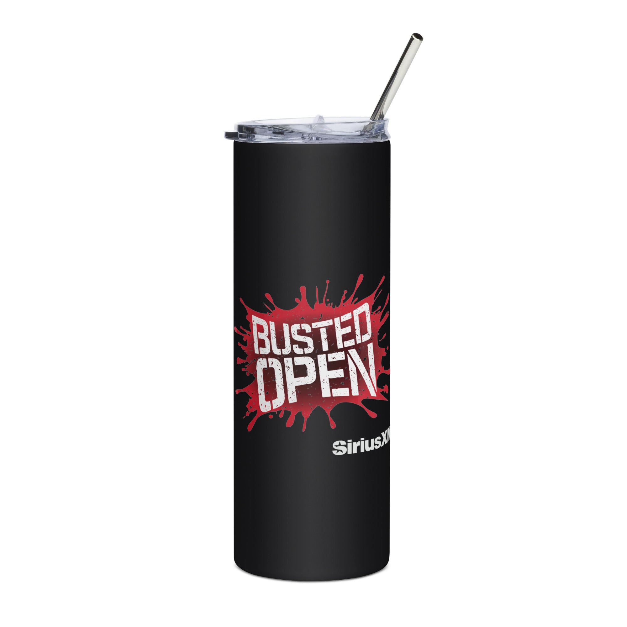 Black insulated tumbler with 'BUSTED OPEN' in bold red splatter design and 'SiriusXM' logo underneath.