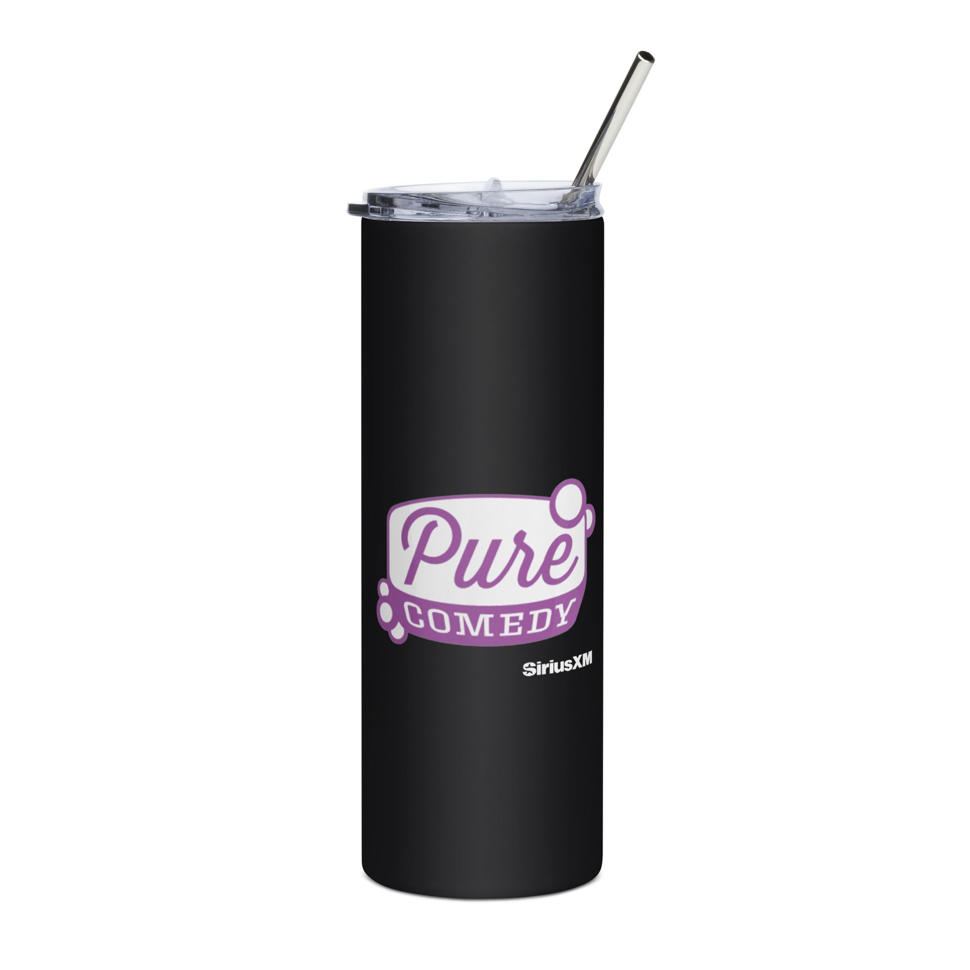 Black tumbler with 'Pure Comedy' logo and 'SiriusXM' branding, featuring a clear lid and metal straw.