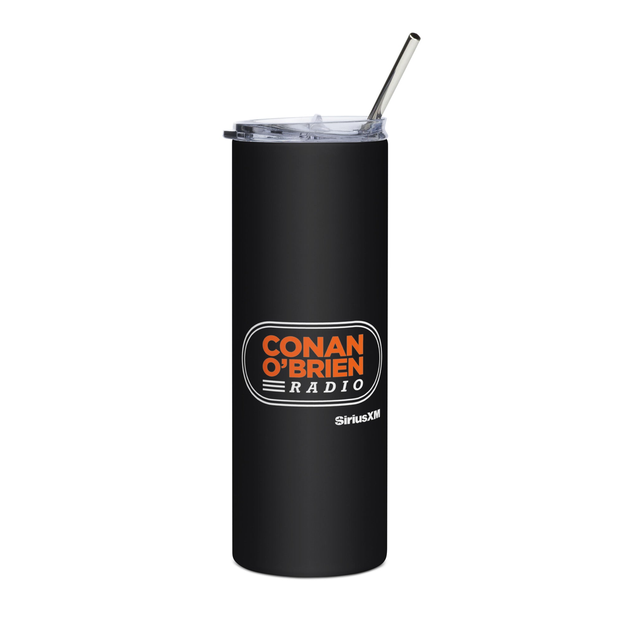 Black tumbler with white 'CONAN O'BRIEN RADIO' logo and a straw, featuring 'SiriusXM' branding.