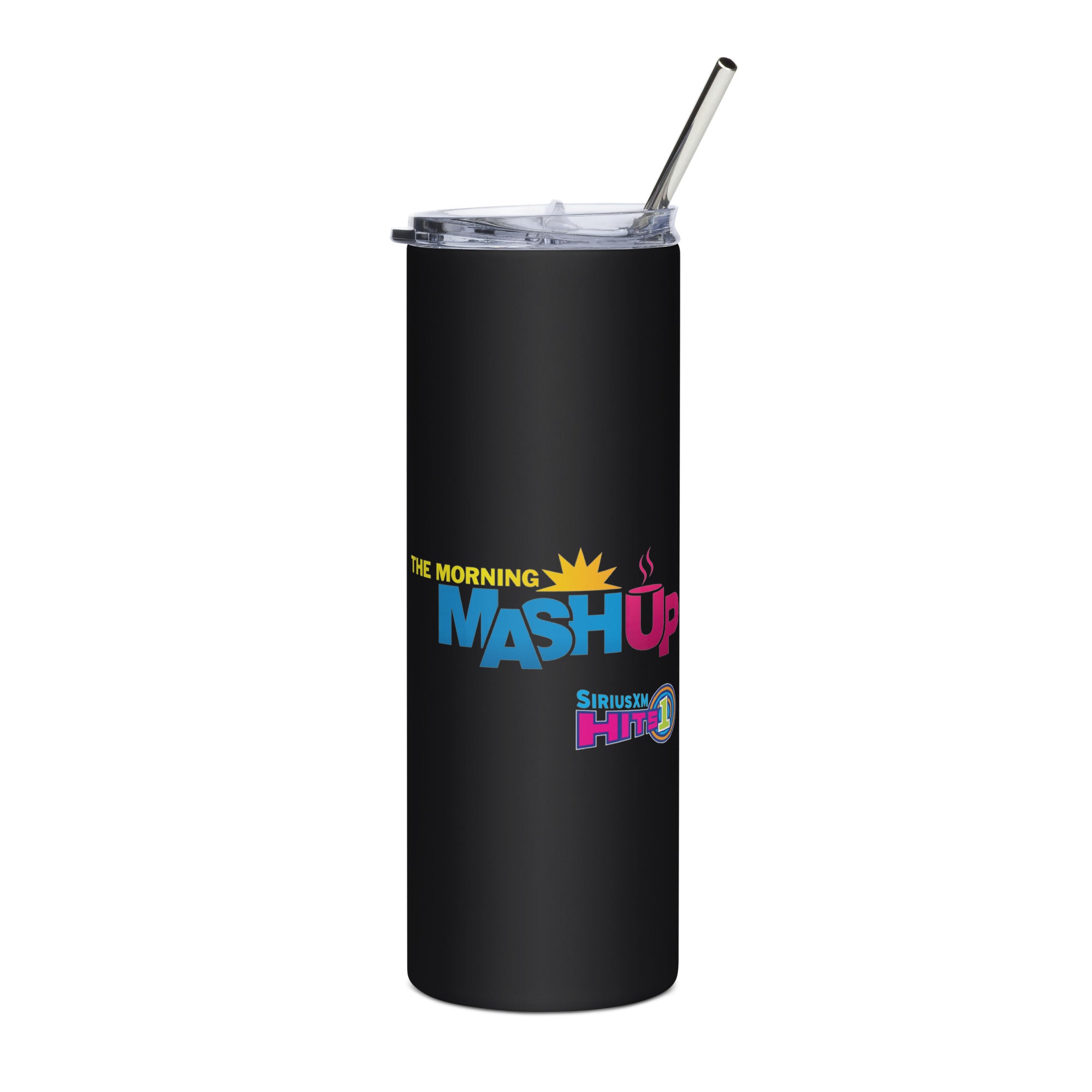 Black tumbler with a clear lid and metal straw, featuring 'THE MORNING MASH UP' logo in the center and a smaller 'SiriusXM HIT 1' logo underneath.