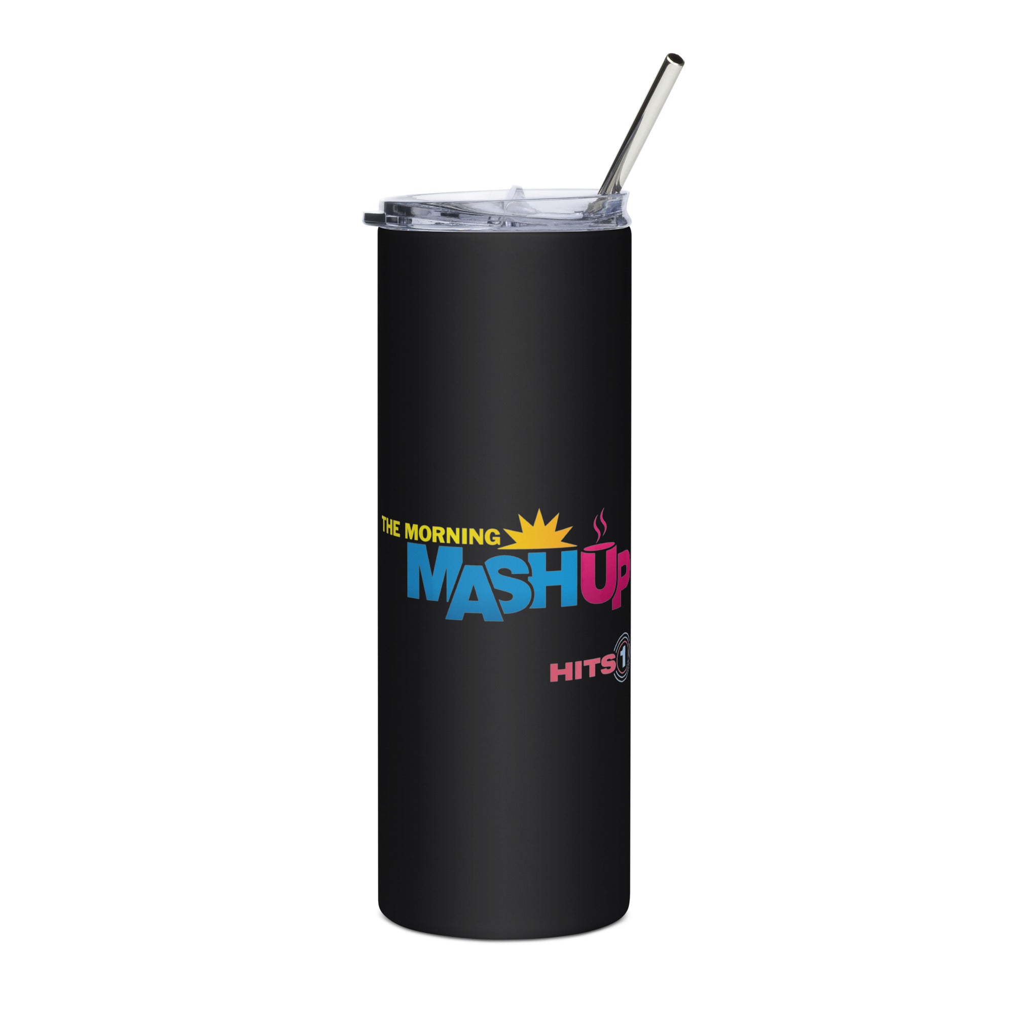 Black tumbler with 'Morning Mash Up' and 'Hits1' logo on front on a white background