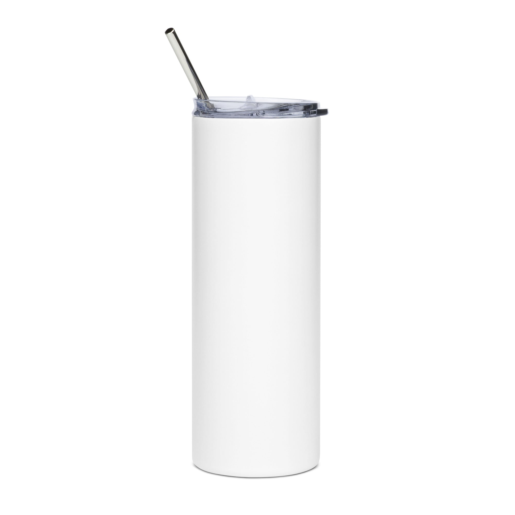 Back of white tumbler with a clear lid and a metal straw.