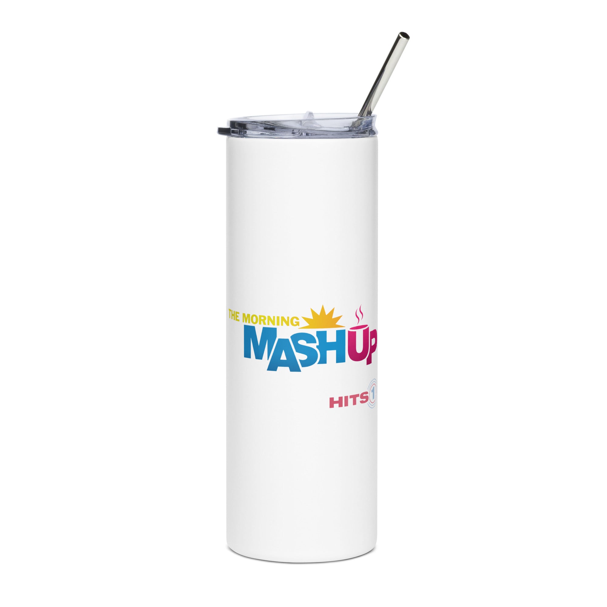 White tumbler with 'Morning Mash Up' and 'Hits1' logo on front on a white background