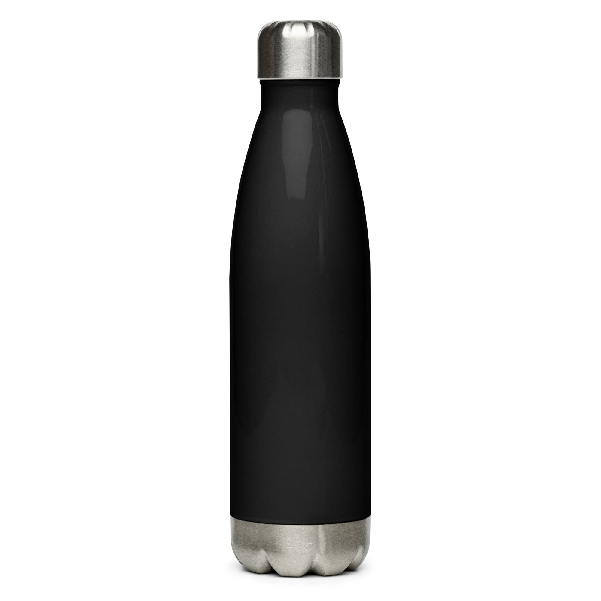 A full back side view of the black stainless steel water bottle standing upright with its silver screw-on lid securely in place. The bottle has a minimalist, modern design with a tapered shape and a glossy finish.