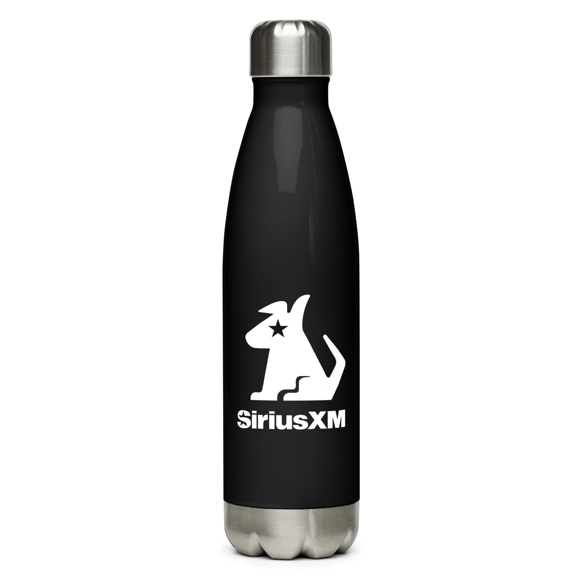 Black stainless steel water bottle featuring the white 'SiriusXM' logo and dog graphic.