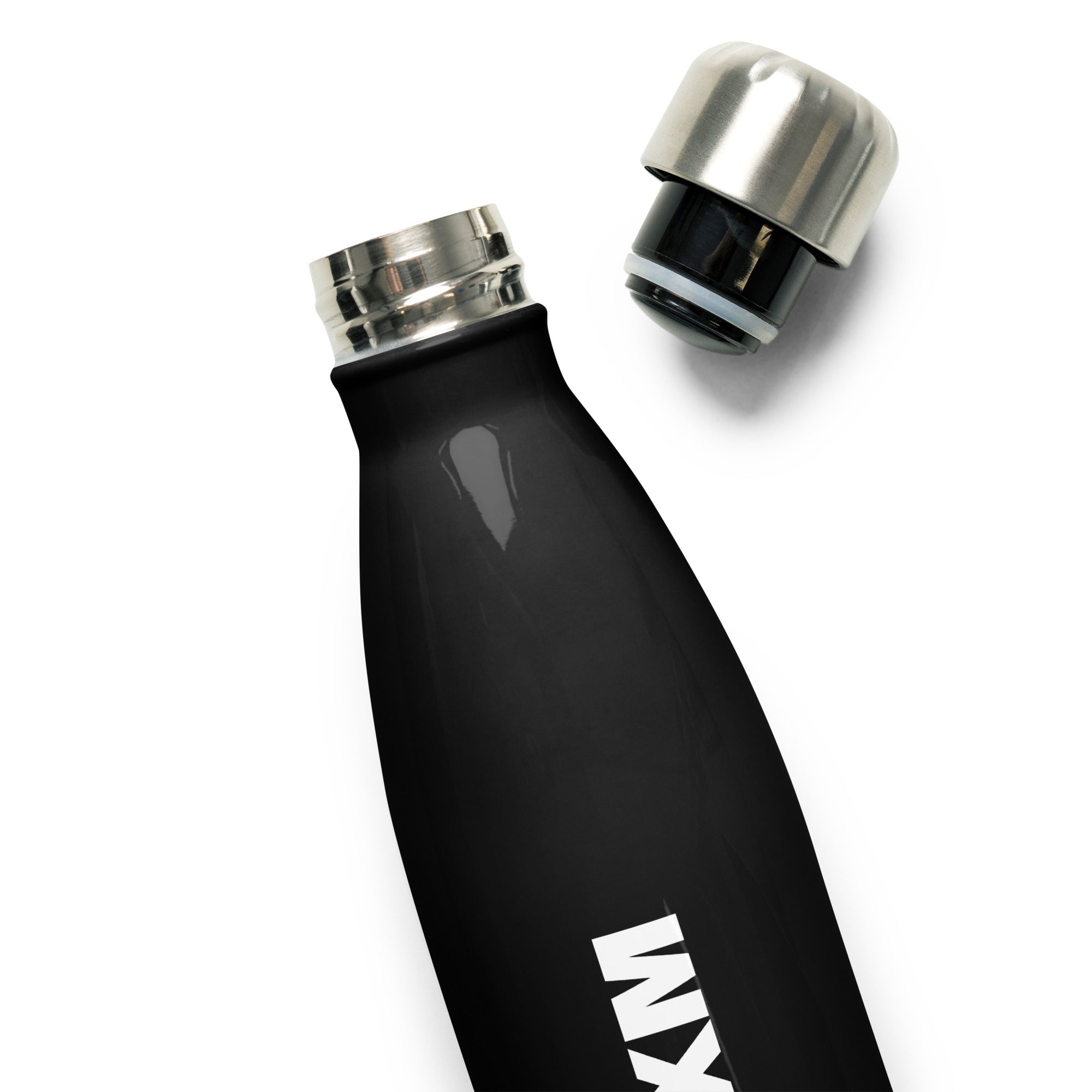 A close-up of a black stainless steel water bottle with a glossy finish, featuring a detached silver screw-on lid with a rubber seal. The bottle has a sleek, tapered design, and part of the white 'SiriusXM' logo is visible.