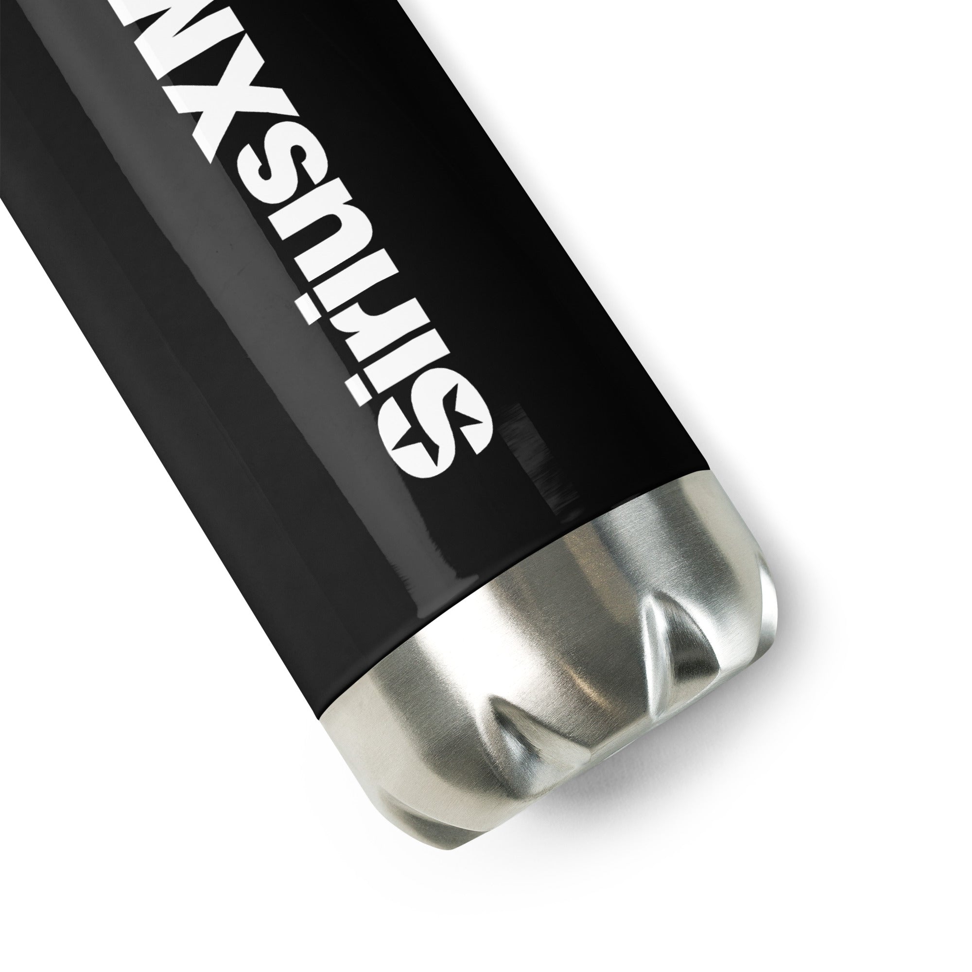 Another angled close-up of the black water bottle, focusing on the smooth, reflective surface and silver metallic base. The 'SiriusXM' logo is prominently displayed along the side.