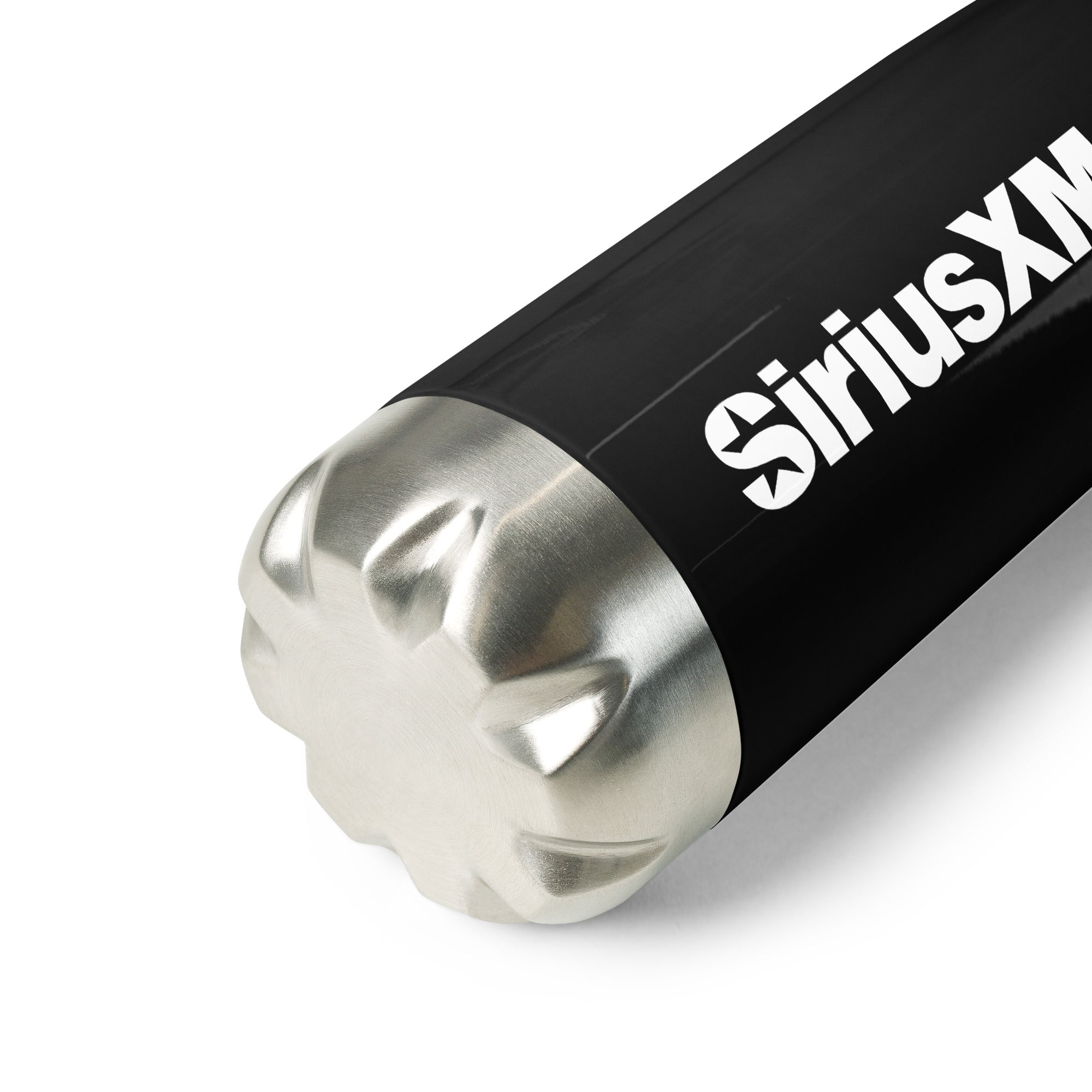 A detailed view of the bottom of the black stainless steel water bottle, showing its silver metallic base with a ridged, textured design. The 'SiriusXM' logo is partially visible along the curved body.