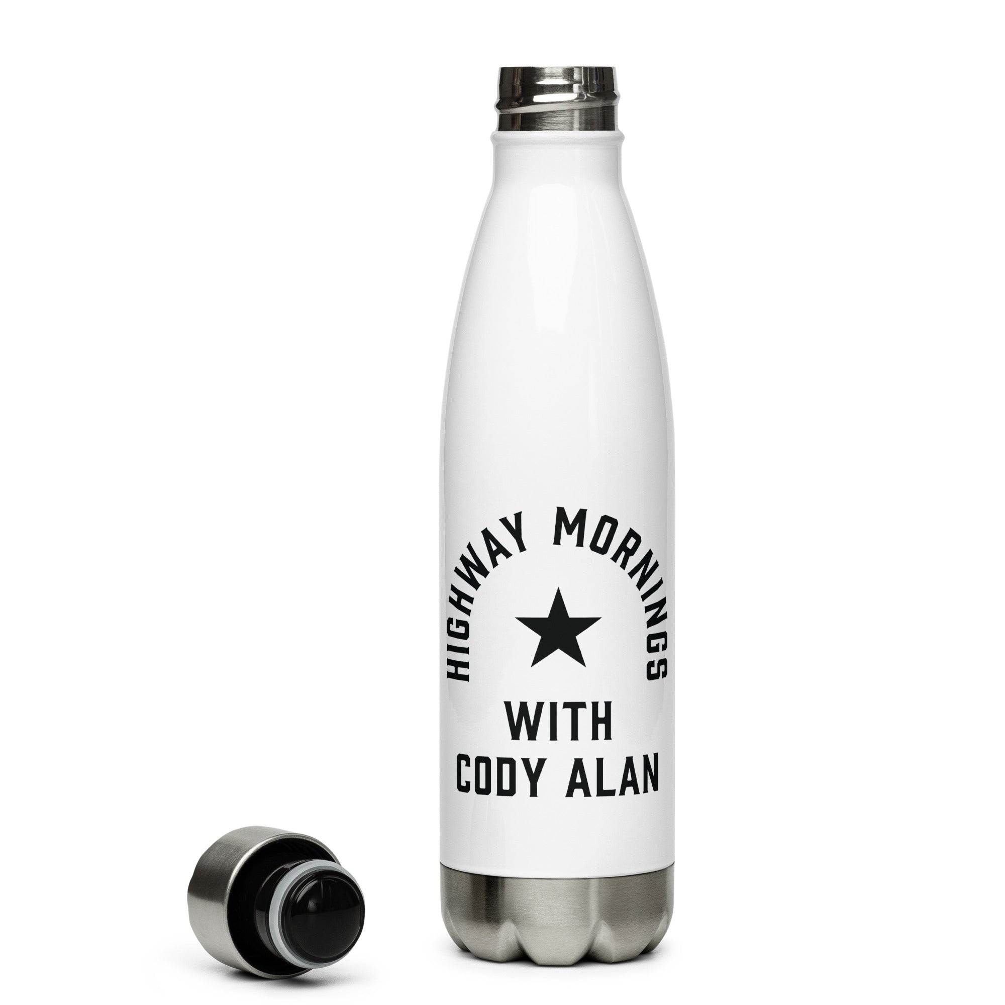 A white stainless steel water bottle with the 'HIGHWAY MORNINGS WITH CODY ALAN' design printed in black, shown standing upright with its silver screw-top lid placed next to it.