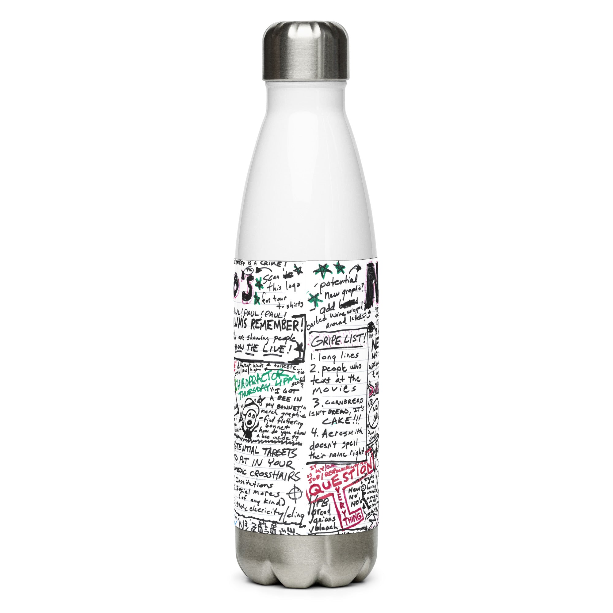 Backside of white water bottle design featuring handwritten notes, lists, and doodles in black and colored ink.
