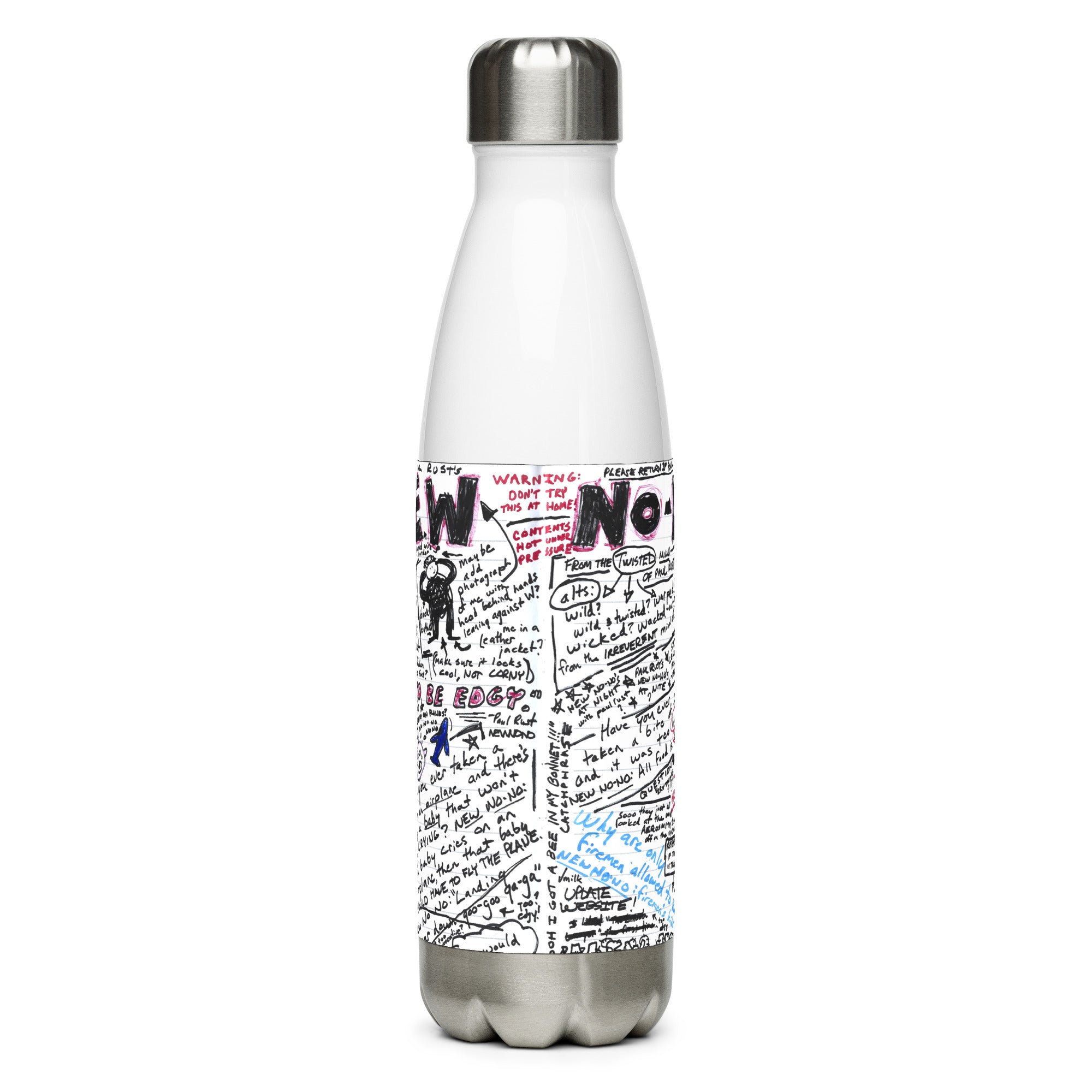 Right side of white insulated water bottle with quirky handwritten text and a vibrant design.