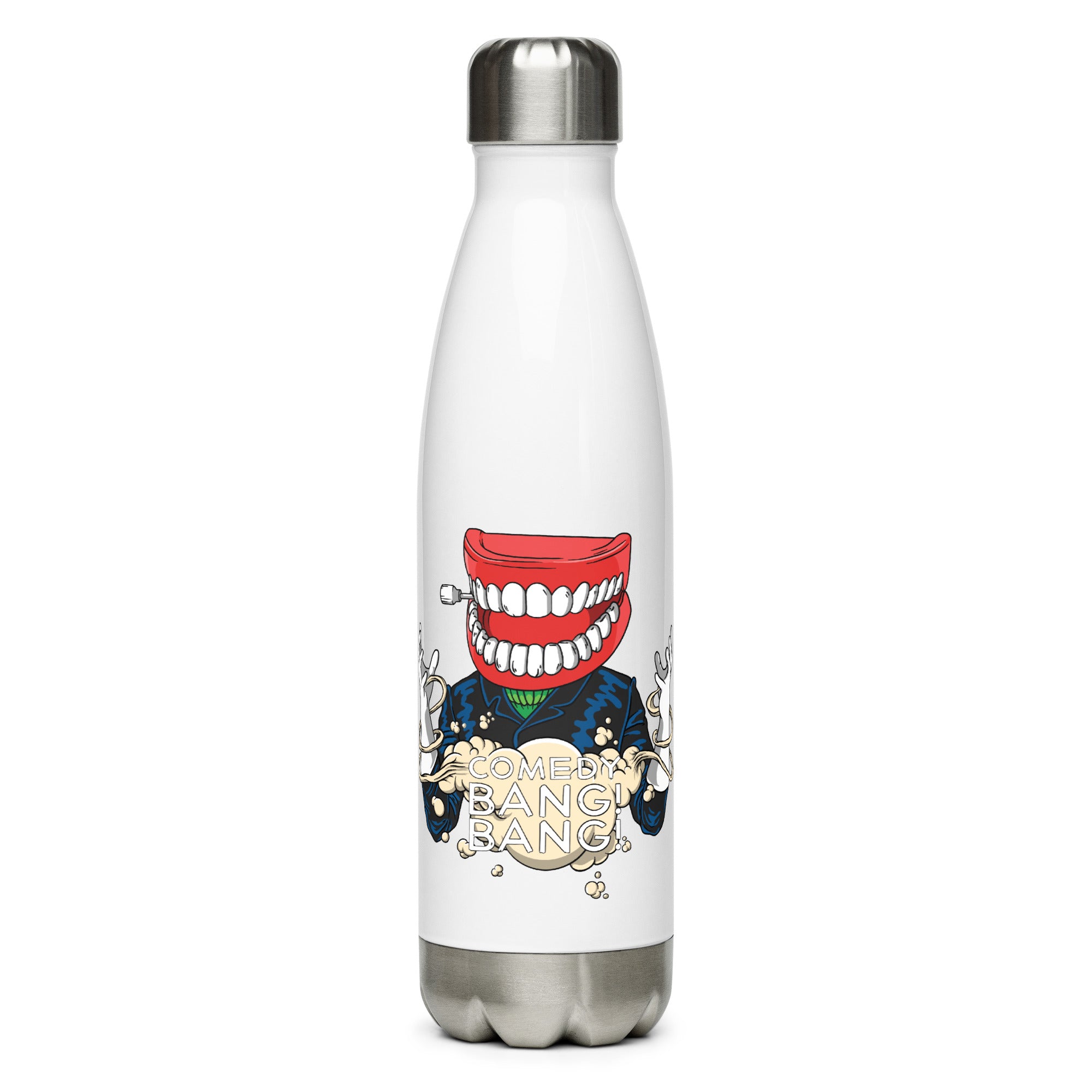 Illustrated water bottle featuring a character with a large smiling mouth, text 'COMEDY BANG BANG,' and colorful design elements.