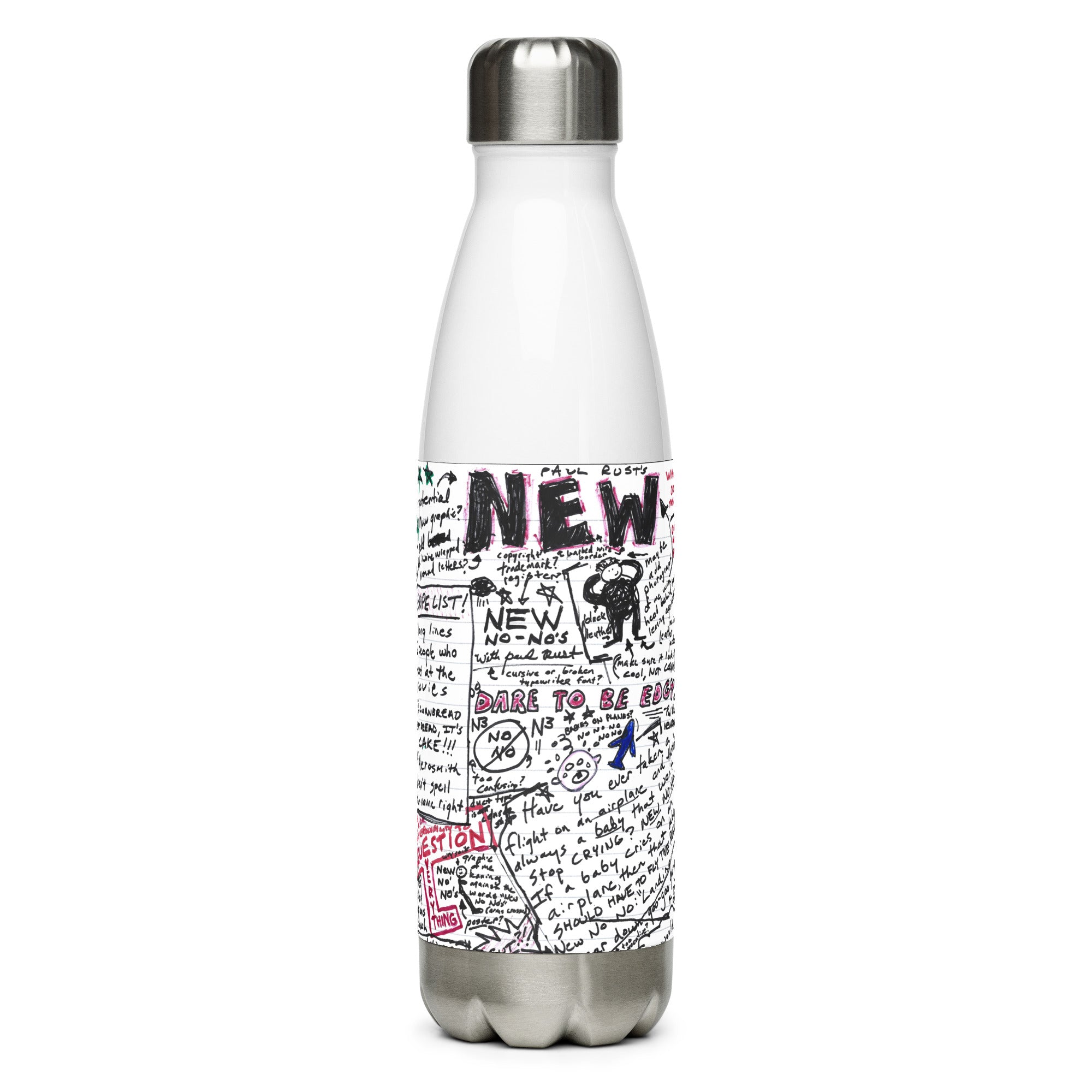 White metal water bottle covered in hand-written style doodles and text, featuring the words 'NEW' and 'DARE TO BE BOLD.'