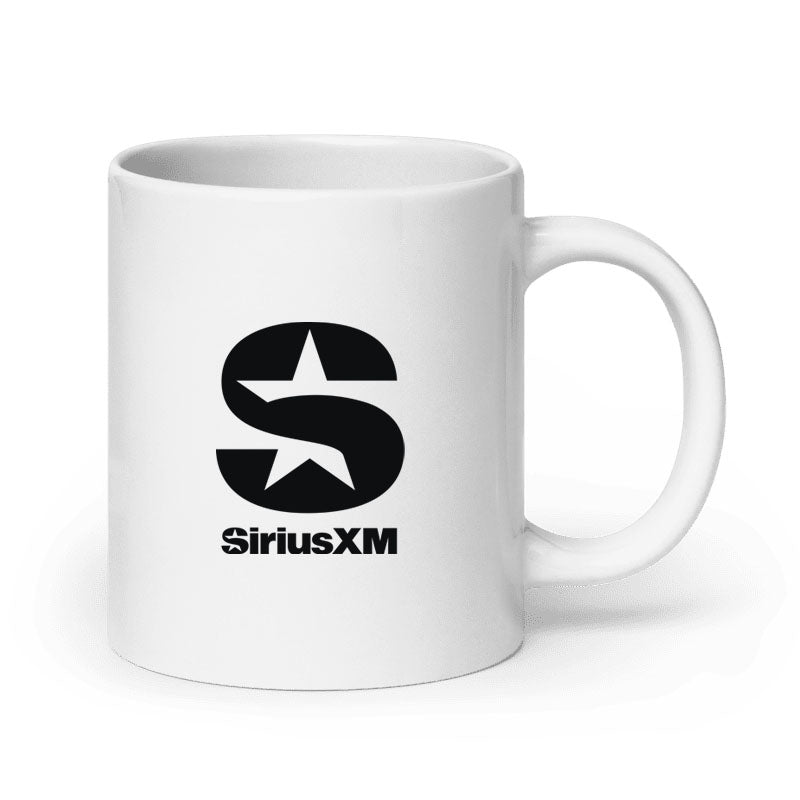 White mug with black SiriusXM logo on a white background