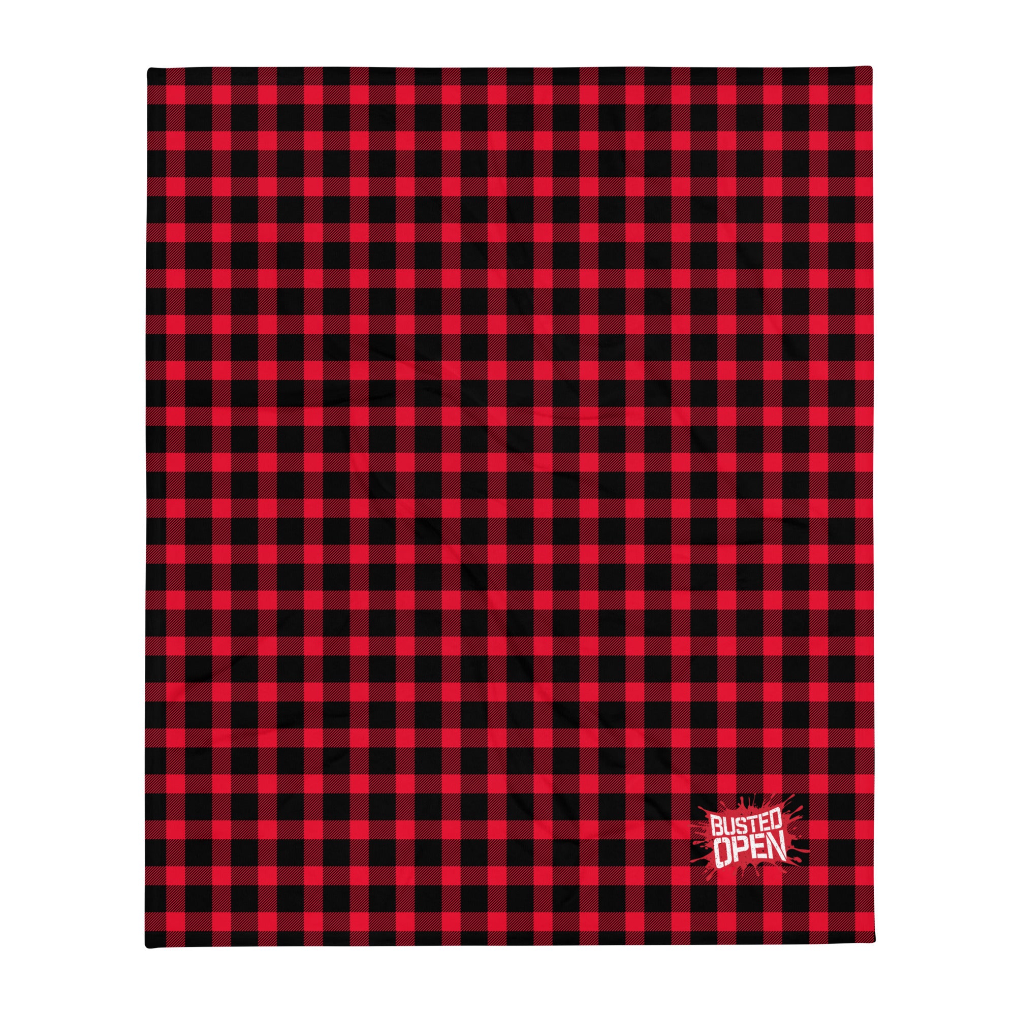 Red and black plaid blanket with 'BUSTED OPEN' logo in the corner.