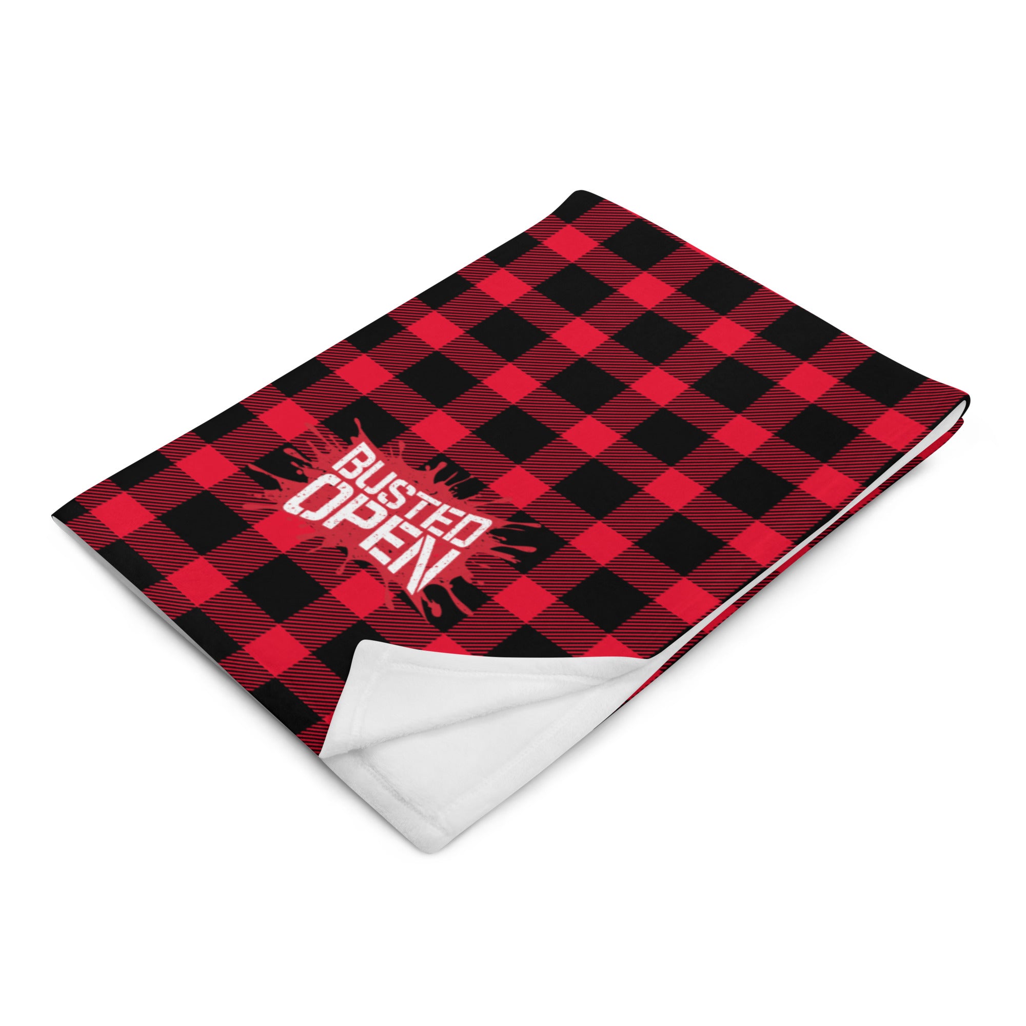 Red and black checkered blanket with 'Busted Open' logo printed on it and sherpa on the reverse side.