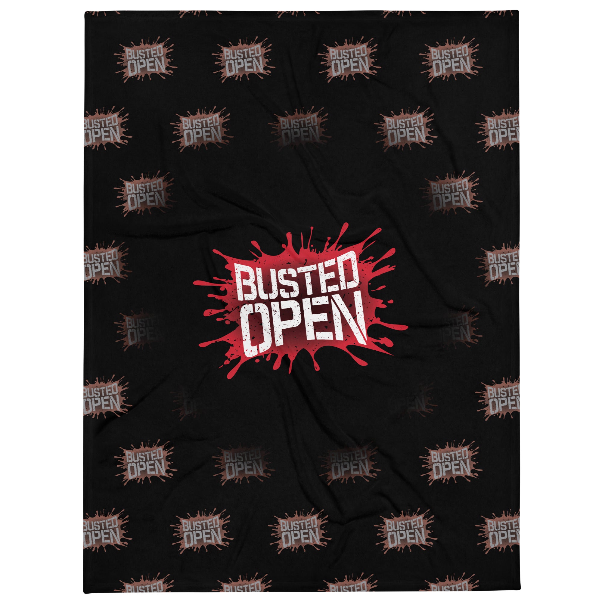 Black blanket with repeated 'Busted Open' logo in various styles, featuring a central splatter design.